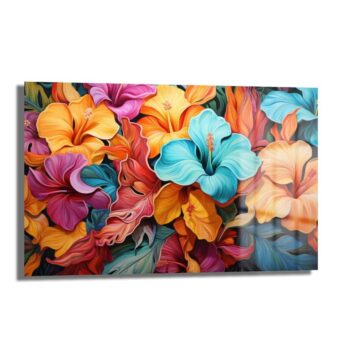 Canlı Tropikal Hibiskus: Modern Dekoratif Cam Tablo - Glazella