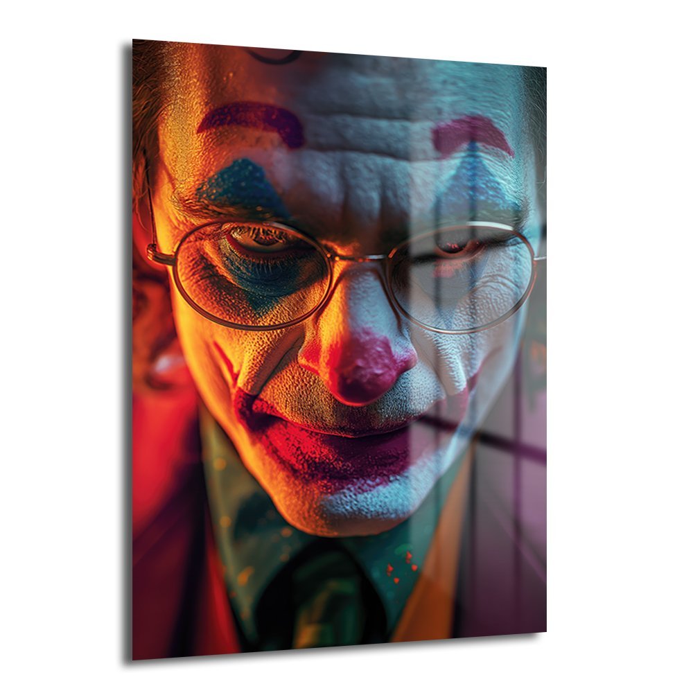 Joker'in Yüzü: Dramatik Işıklarla Modern Cam Tablo Duvar Dekoru cam tablo, duvar sanatı, modern dekorasyon, soyut sanat, cam sanat eserleri, iç mekan dekorasyonu, ofis dekorasyonu, ev dekorasyonu, restoran dekorasyonu, cafe dekorasyonu, cam baskı, UV baskı, estetik duvar sanatı