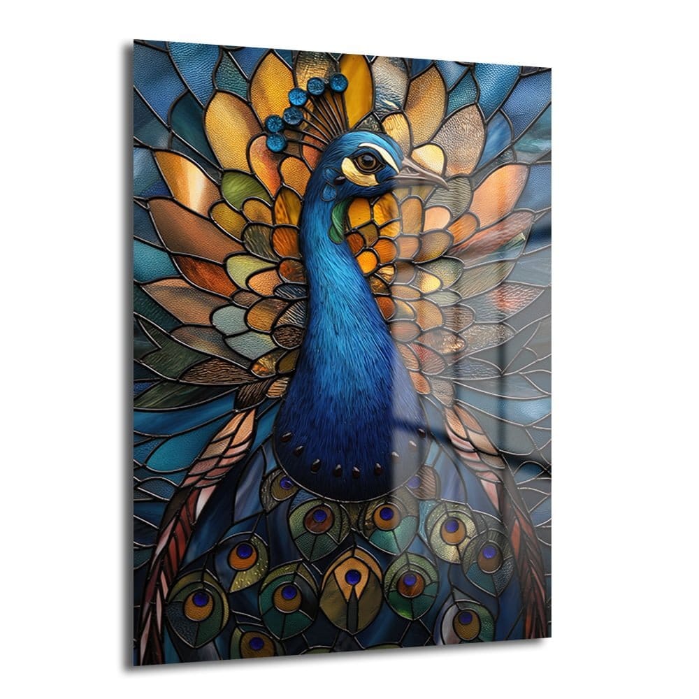 Vitray Sanatıyla İşlenmiş Tavus Kuşu: Canlı Renklerde Temperli Cam Tablo Duvar Dekoru cam tablo, duvar sanatı, modern dekorasyon, soyut sanat, cam sanat eserleri, iç mekan dekorasyonu, ofis dekorasyonu, ev dekorasyonu, restoran dekorasyonu, cafe dekorasyonu, cam baskı, UV baskı, estetik duvar sanatı