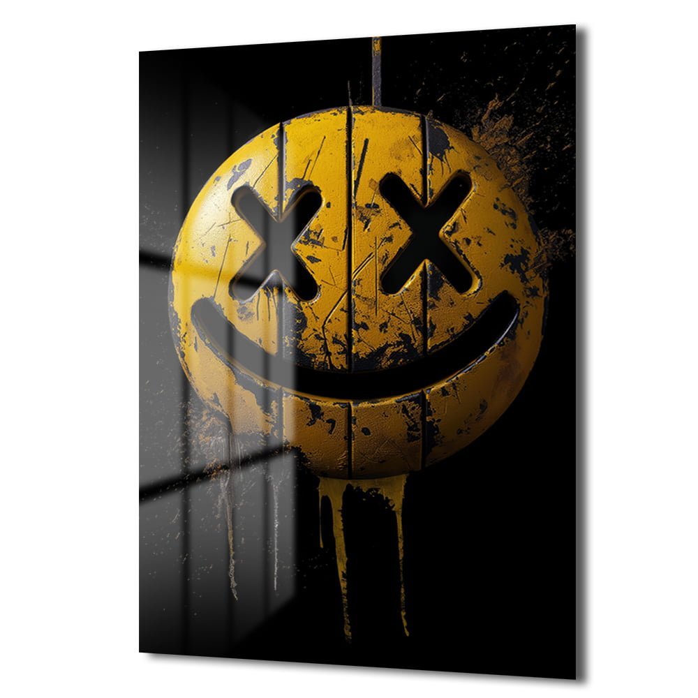 Urban Grunge Smiley: Asi Ruhlu Modern Cam Tablo Duvar Dekoru cam tablo, duvar sanatı, modern dekorasyon, soyut sanat, cam sanat eserleri, iç mekan dekorasyonu, ofis dekorasyonu, ev dekorasyonu, restoran dekorasyonu, cafe dekorasyonu, cam baskı, UV baskı, estetik duvar sanatı
