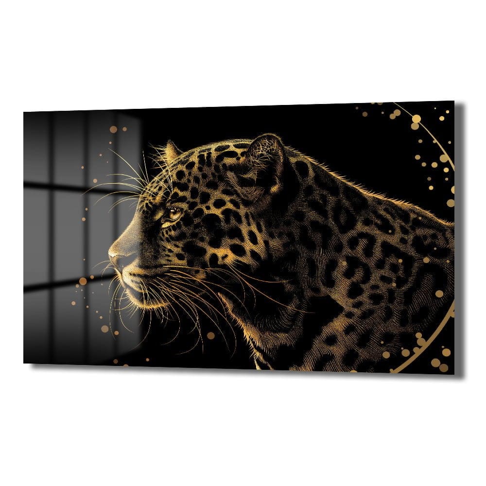 Altın Leopar Asaleti: Modern Temperli Cam Tablo Duvar Dekoru cam tablo, duvar sanatı, modern dekorasyon, soyut sanat, cam sanat eserleri, iç mekan dekorasyonu, ofis dekorasyonu, ev dekorasyonu, restoran dekorasyonu, cafe dekorasyonu, cam baskı, UV baskı, estetik duvar sanatı