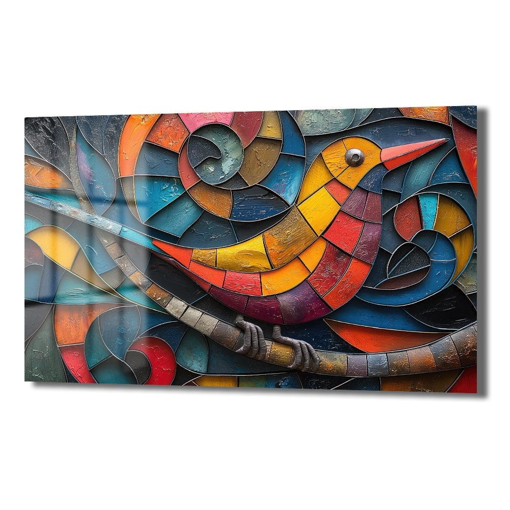 Renklerin Dansı: Mozaik Sanat Kuşu Temperli Cam Tablo Duvar Dekoru cam tablo, duvar sanatı, modern dekorasyon, soyut sanat, cam sanat eserleri, iç mekan dekorasyonu, ofis dekorasyonu, ev dekorasyonu, restoran dekorasyonu, cafe dekorasyonu, cam baskı, UV baskı, estetik duvar sanatı