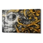 Altın Rüyalar Calavera: Modern Sanatsal Cam Tablo Duvar Dekoru cam tablo, duvar sanatı, modern dekorasyon, soyut sanat, cam sanat eserleri, iç mekan dekorasyonu, ofis dekorasyonu, ev dekorasyonu, restoran dekorasyonu, cafe dekorasyonu, cam baskı, UV baskı, estetik duvar sanatı
