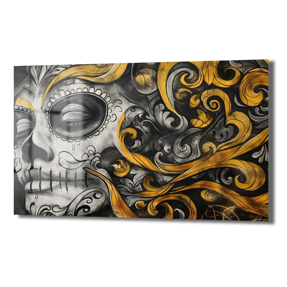 Altın Rüyalar Calavera: Modern Sanatsal Cam Tablo Duvar Dekoru cam tablo, duvar sanatı, modern dekorasyon, soyut sanat, cam sanat eserleri, iç mekan dekorasyonu, ofis dekorasyonu, ev dekorasyonu, restoran dekorasyonu, cafe dekorasyonu, cam baskı, UV baskı, estetik duvar sanatı