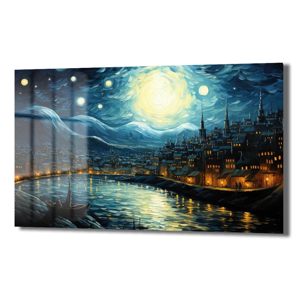Van Gogh Tarzı Yıldızlı Gece Şehri: Büyüleyici Cam Tablo Duvar Dekoru cam tablo, duvar sanatı, modern dekorasyon, soyut sanat, cam sanat eserleri, iç mekan dekorasyonu, ofis dekorasyonu, ev dekorasyonu, restoran dekorasyonu, cafe dekorasyonu, cam baskı, UV baskı, estetik duvar sanatı