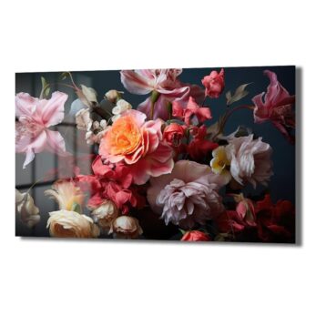 Büyüleyici Floral Dans: Pembe ve Turuncu Tonlarında Modern Cam Tablo - Glazella