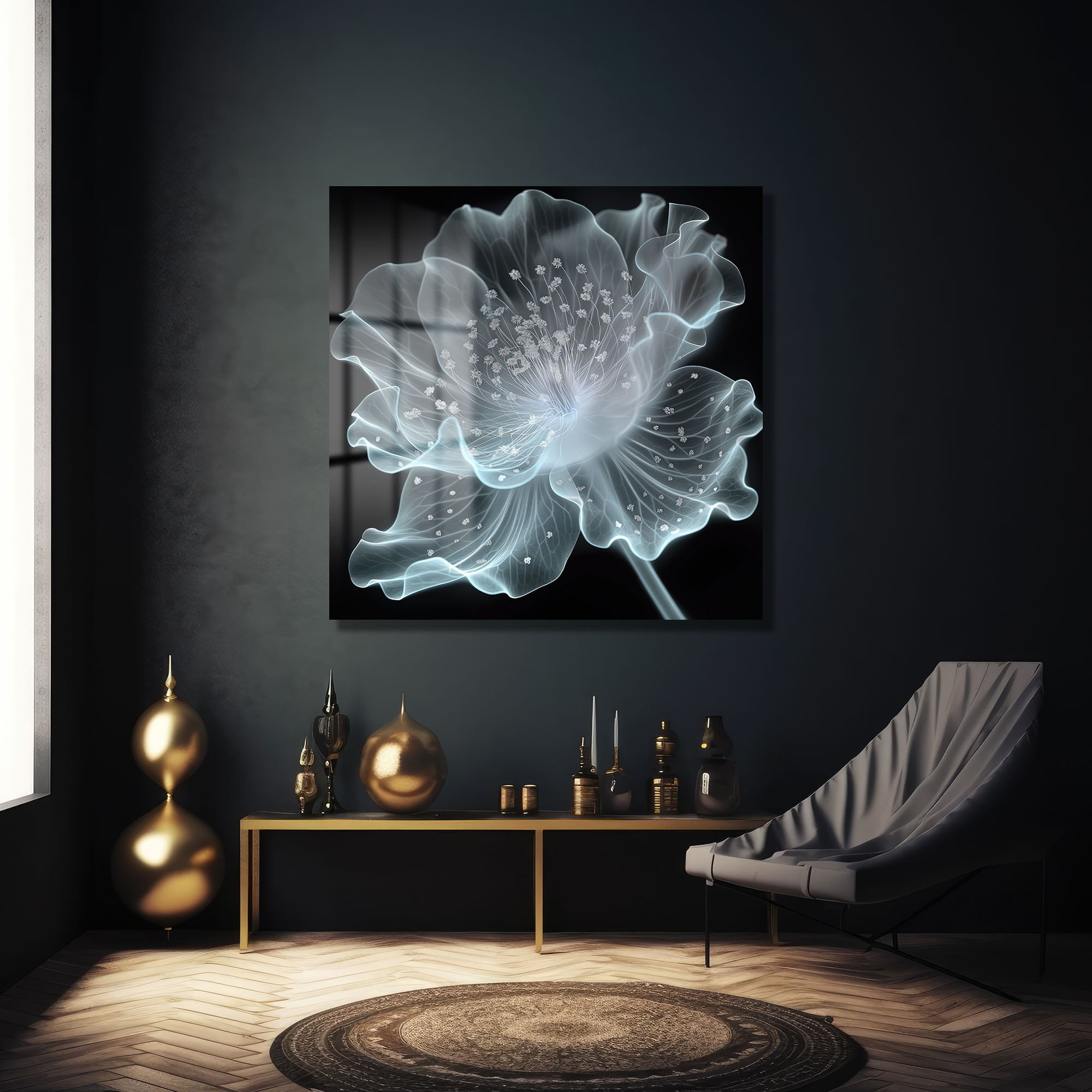 Ethereal Işık Çiçeği: Modern Soyut Temperli Cam Tablo Duvar Dekoru cam tablo, duvar sanatı, modern dekorasyon, soyut sanat, cam sanat eserleri, iç mekan dekorasyonu, ofis dekorasyonu, ev dekorasyonu, restoran dekorasyonu, cafe dekorasyonu, cam baskı, UV baskı, estetik duvar sanatı