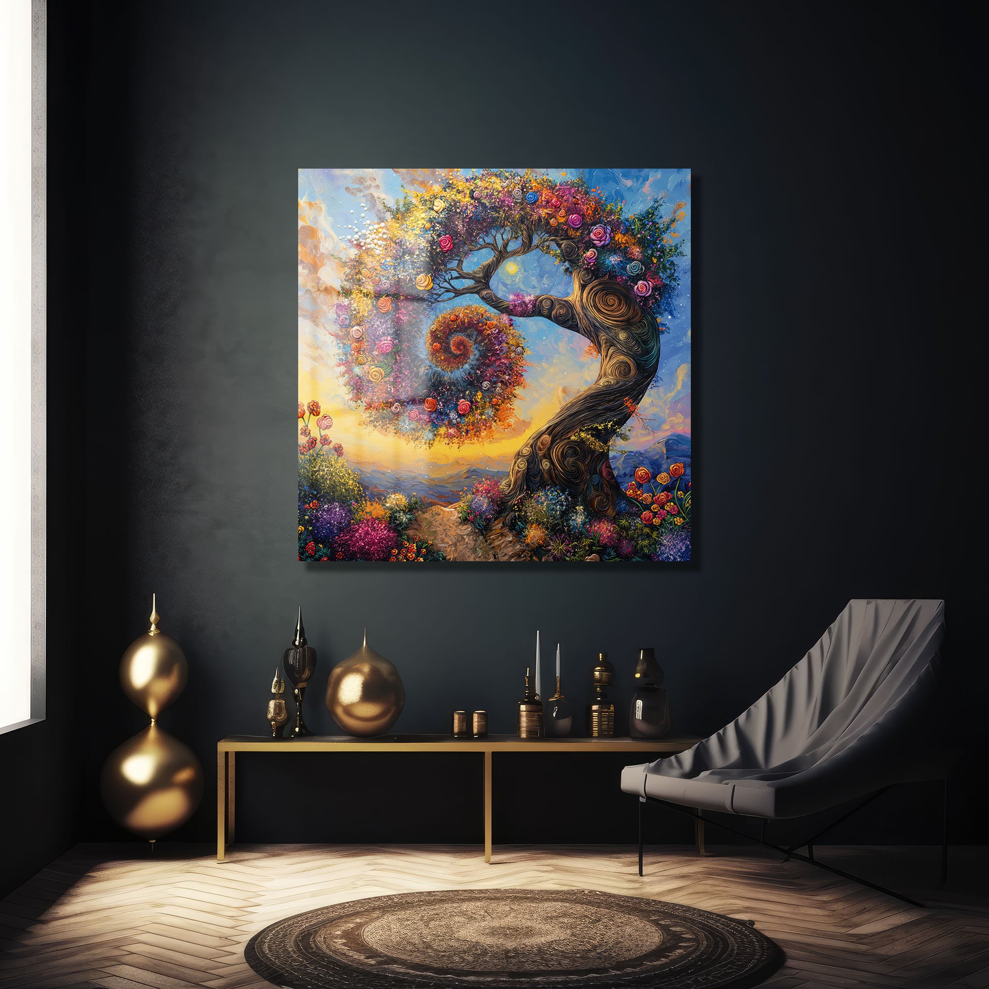 Hayat Ağacı: Renkli Çiçek Spiral Desenli Modern Cam Tablo Duvar Dekoru cam tablo, duvar sanatı, modern dekorasyon, soyut sanat, cam sanat eserleri, iç mekan dekorasyonu, ofis dekorasyonu, ev dekorasyonu, restoran dekorasyonu, cafe dekorasyonu, cam baskı, UV baskı, estetik duvar sanatı