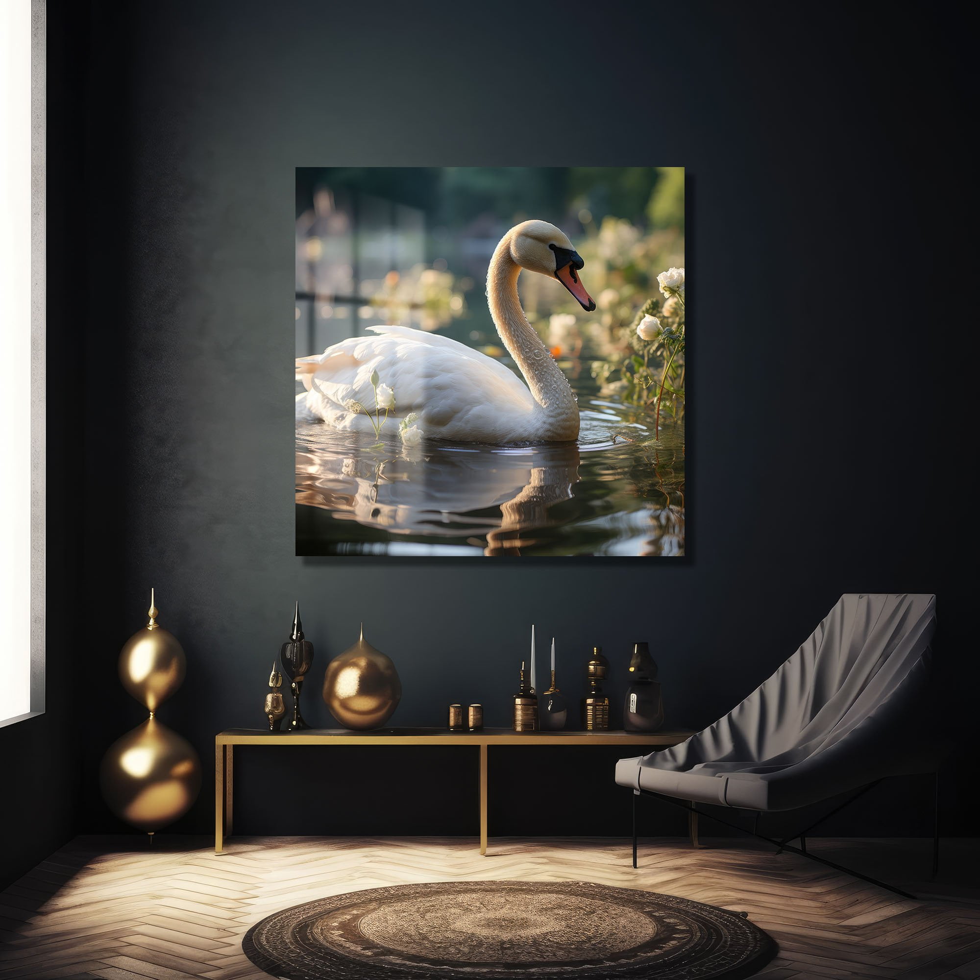 Asil Kuğu: Göl Manzaralı Dekoratif Cam Tablo Duvar Dekoru cam tablo, duvar sanatı, modern dekorasyon, soyut sanat, cam sanat eserleri, iç mekan dekorasyonu, ofis dekorasyonu, ev dekorasyonu, restoran dekorasyonu, cafe dekorasyonu, cam baskı, UV baskı, estetik duvar sanatı