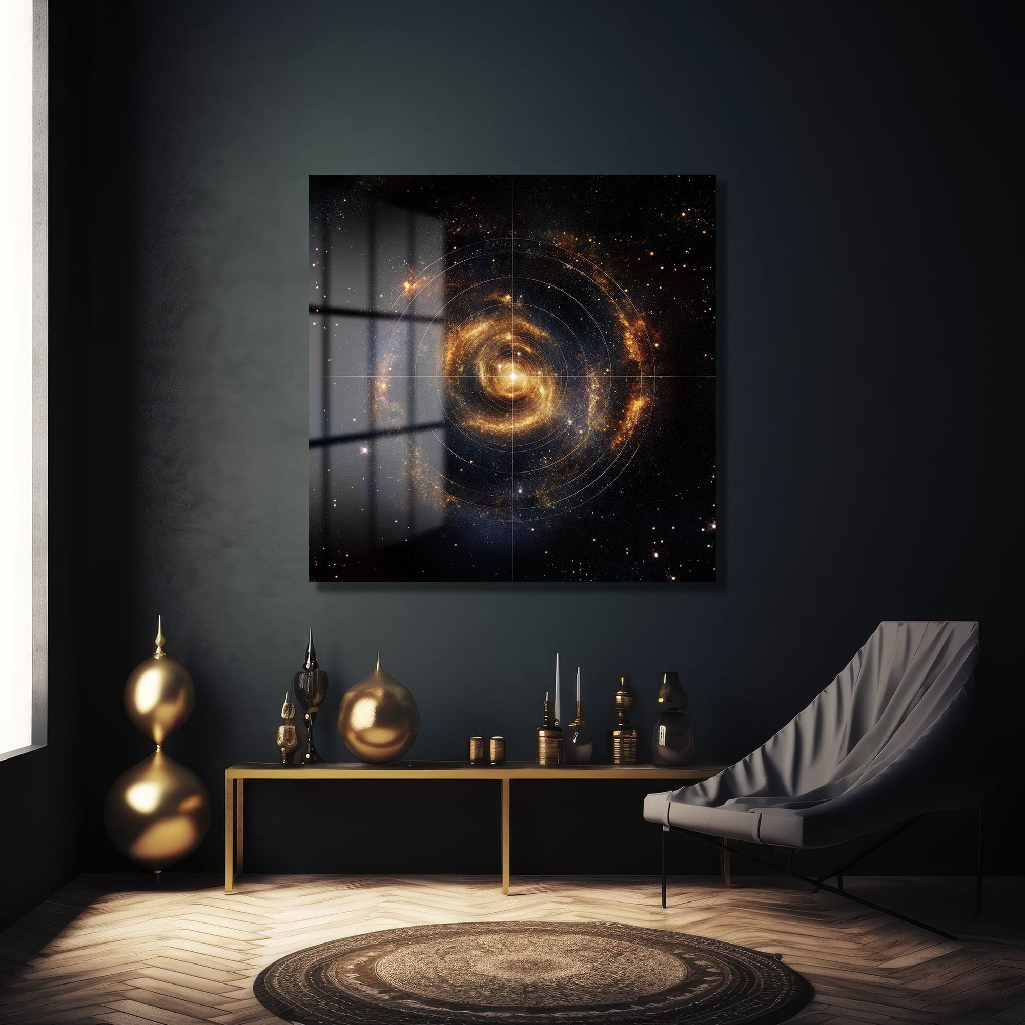 Kozmik Spiral: Altın Galaksi Desenli Modern Cam Tablo Duvar Dekoru cam tablo, duvar sanatı, modern dekorasyon, soyut sanat, cam sanat eserleri, iç mekan dekorasyonu, ofis dekorasyonu, ev dekorasyonu, restoran dekorasyonu, cafe dekorasyonu, cam baskı, UV baskı, estetik duvar sanatı