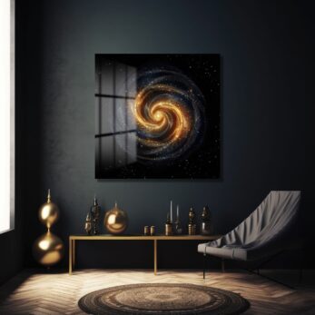 Kozmik Spiral: Altın Işıltılı Galaksi Temalı Modern Cam Tablo - Glazella Kozmik Spiral: Altın Işıltılı Galaksi Temalı Modern Cam Tablo - Glazella