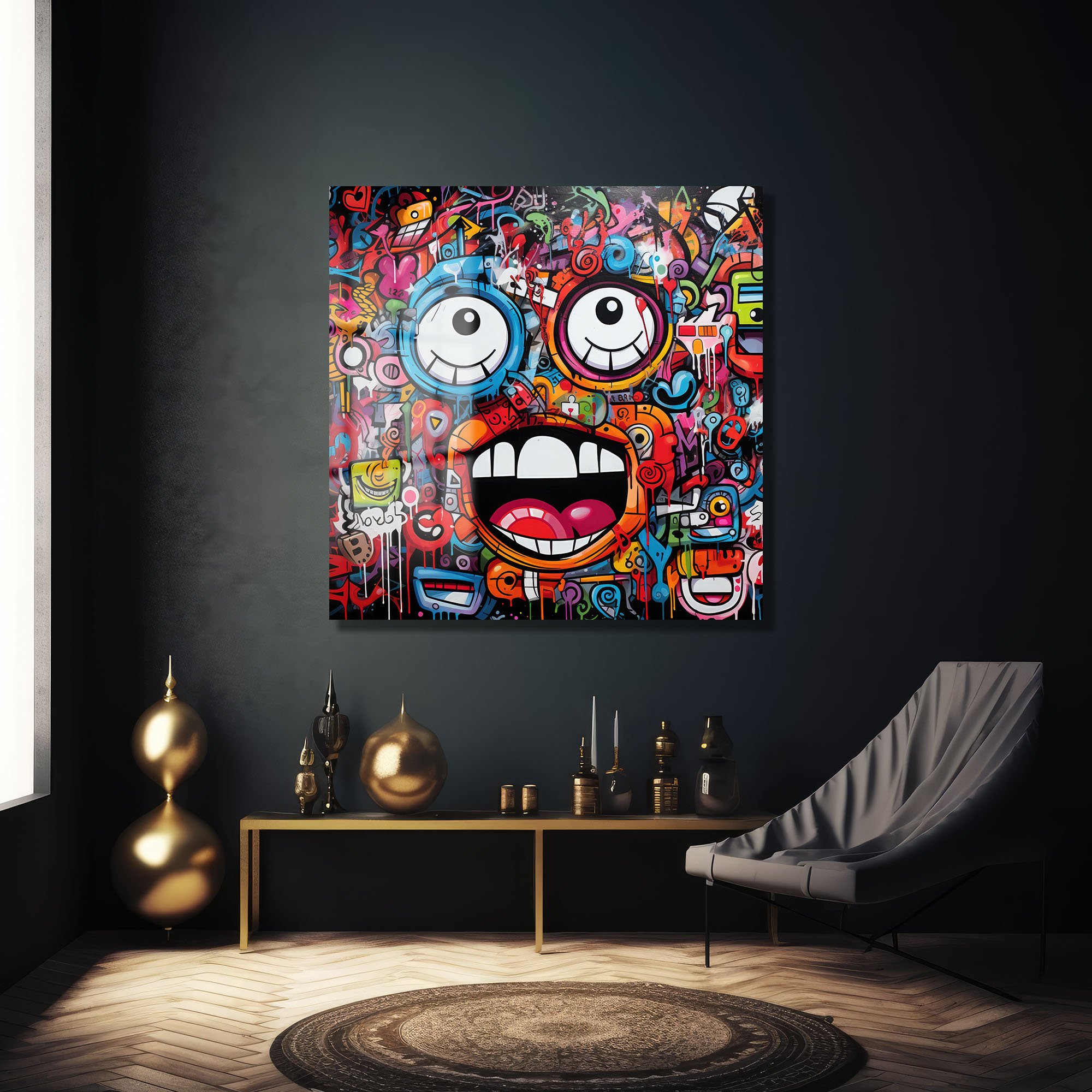 Enerjik Graffiti Yüzler: Renkli Sokak Sanatı Temperli Cam Tablo Duvar Dekoru cam tablo, duvar sanatı, modern dekorasyon, soyut sanat, cam sanat eserleri, iç mekan dekorasyonu, ofis dekorasyonu, ev dekorasyonu, restoran dekorasyonu, cafe dekorasyonu, cam baskı, UV baskı, estetik duvar sanatı