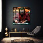 Joker Poker Yüzleşmesi: Gerilimli Sinematik Cam Tablo Duvar Dekoru cam tablo, duvar sanatı, modern dekorasyon, soyut sanat, cam sanat eserleri, iç mekan dekorasyonu, ofis dekorasyonu, ev dekorasyonu, restoran dekorasyonu, cafe dekorasyonu, cam baskı, UV baskı, estetik duvar sanatı