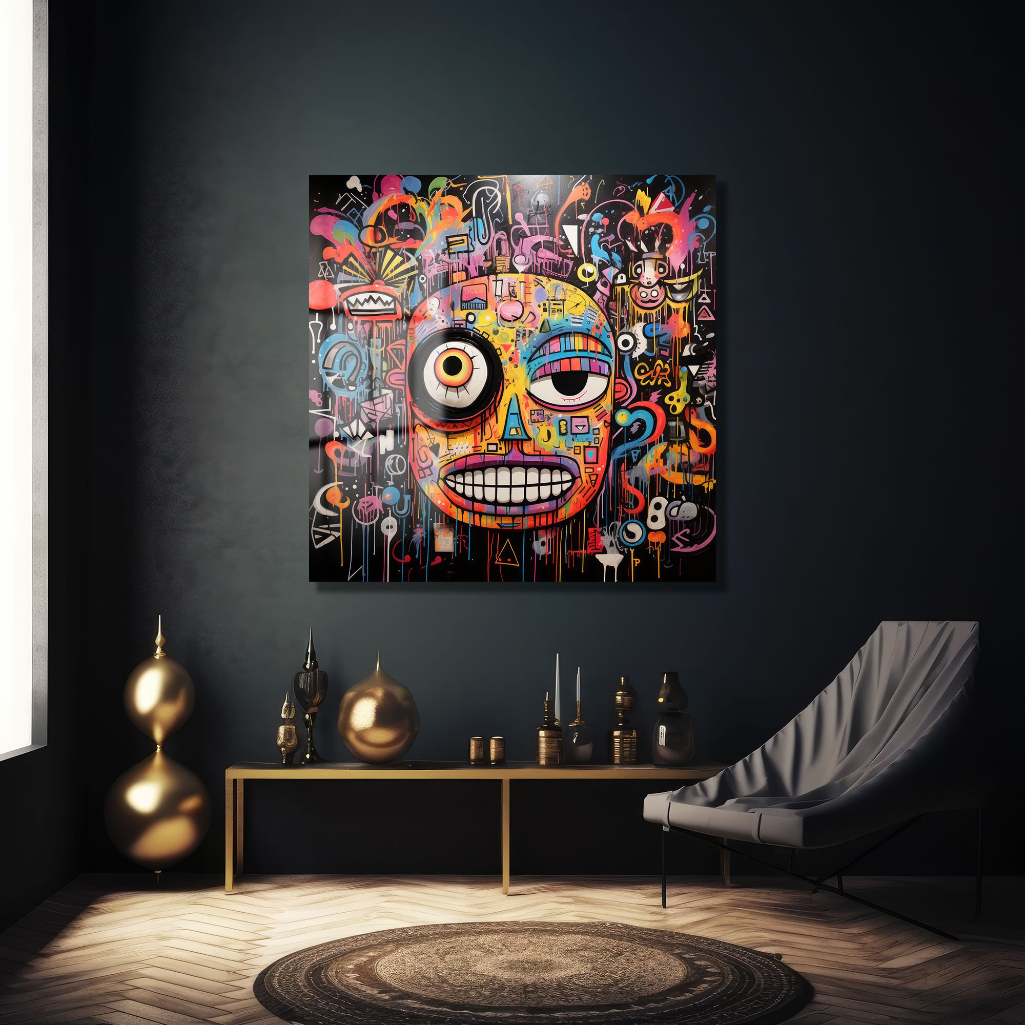 Enerjik Kaos: Canlı Graffiti Yüz Cam Tablo Duvar Dekoru cam tablo, duvar sanatı, modern dekorasyon, soyut sanat, cam sanat eserleri, iç mekan dekorasyonu, ofis dekorasyonu, ev dekorasyonu, restoran dekorasyonu, cafe dekorasyonu, cam baskı, UV baskı, estetik duvar sanatı