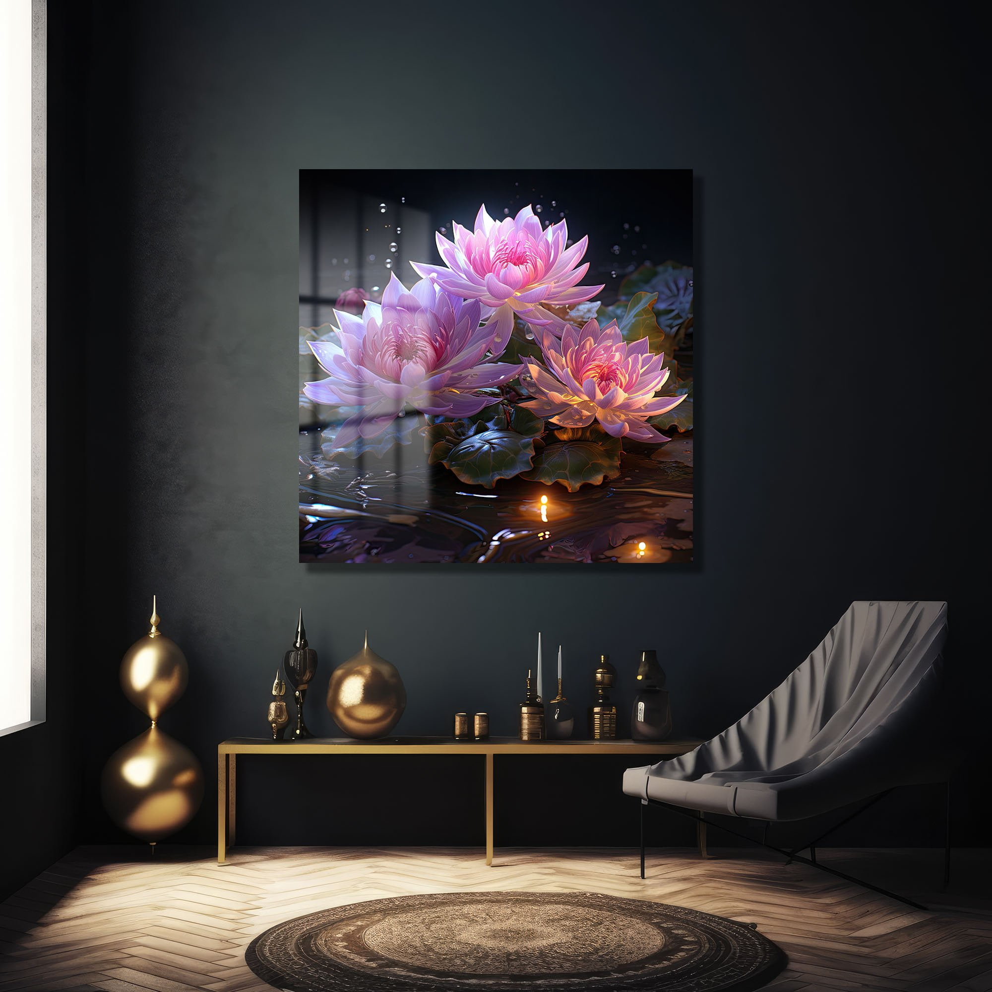 Efsunlu Nilüferler: Işıltılı Pembe Lotus Çiçekleri Temperli Cam Tablo Duvar Dekoru cam tablo, duvar sanatı, modern dekorasyon, soyut sanat, cam sanat eserleri, iç mekan dekorasyonu, ofis dekorasyonu, ev dekorasyonu, restoran dekorasyonu, cafe dekorasyonu, cam baskı, UV baskı, estetik duvar sanatı