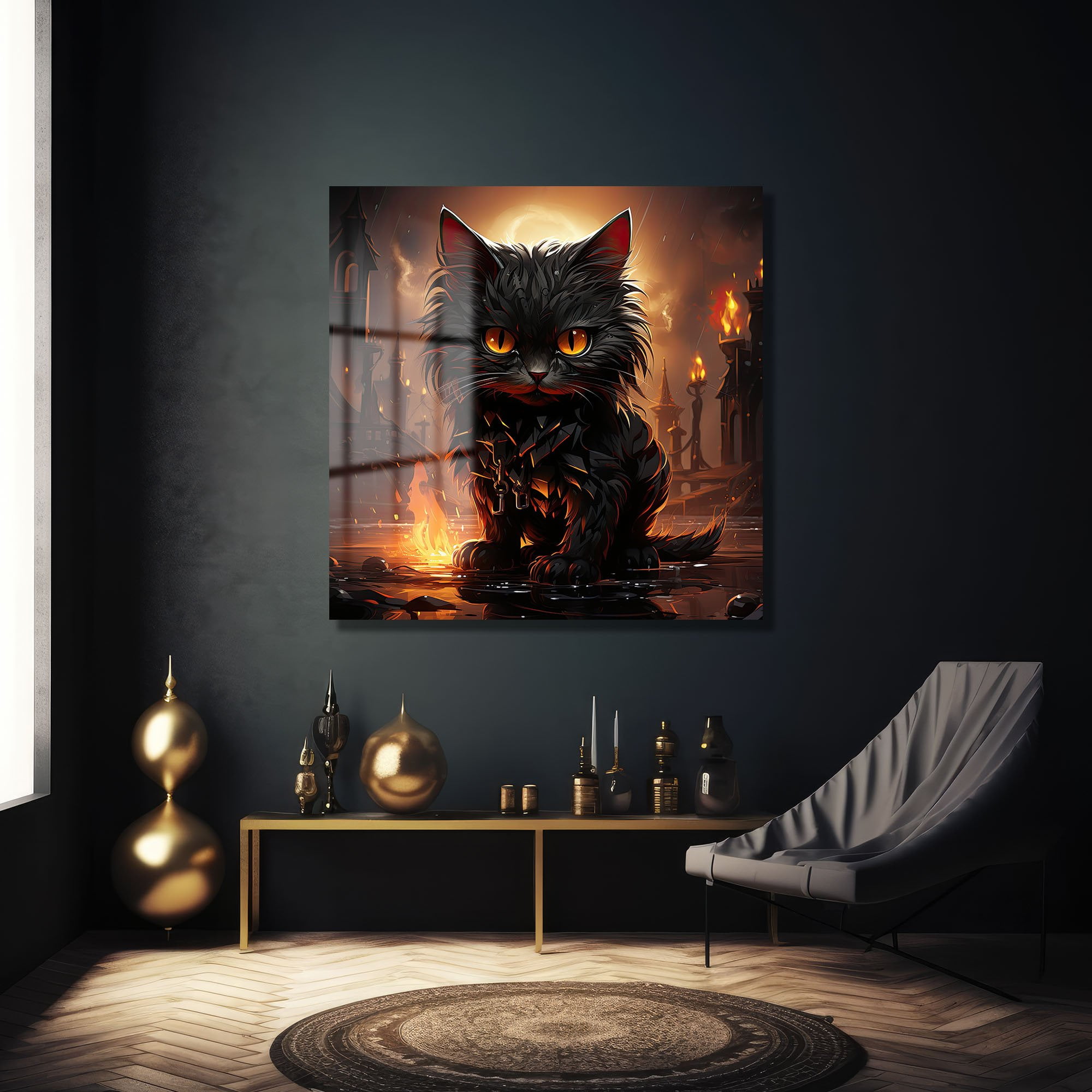 Ateş Gözlü Kara Kedi: Gizemli Fantastik Cam Tablo Duvar Dekoru cam tablo, duvar sanatı, modern dekorasyon, soyut sanat, cam sanat eserleri, iç mekan dekorasyonu, ofis dekorasyonu, ev dekorasyonu, restoran dekorasyonu, cafe dekorasyonu, cam baskı, UV baskı, estetik duvar sanatı