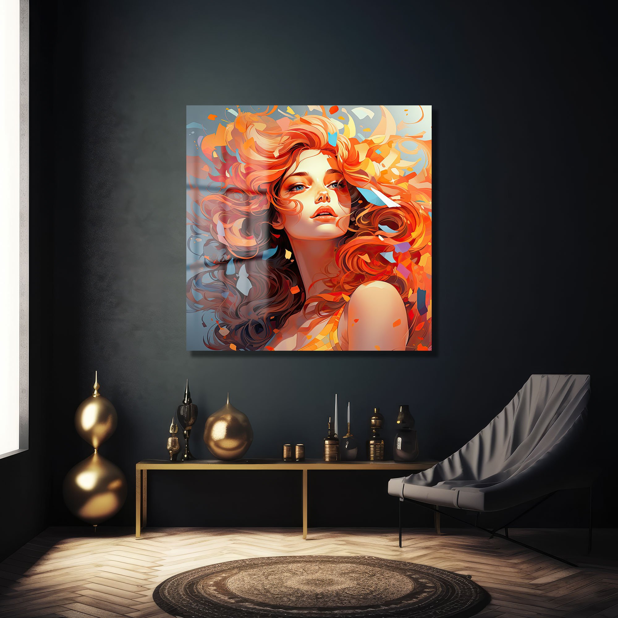 Ateş Saçlı Kadın: Enerjik Soyut Portre Cam Tablo Duvar Dekoru cam tablo, duvar sanatı, modern dekorasyon, soyut sanat, cam sanat eserleri, iç mekan dekorasyonu, ofis dekorasyonu, ev dekorasyonu, restoran dekorasyonu, cafe dekorasyonu, cam baskı, UV baskı, estetik duvar sanatı