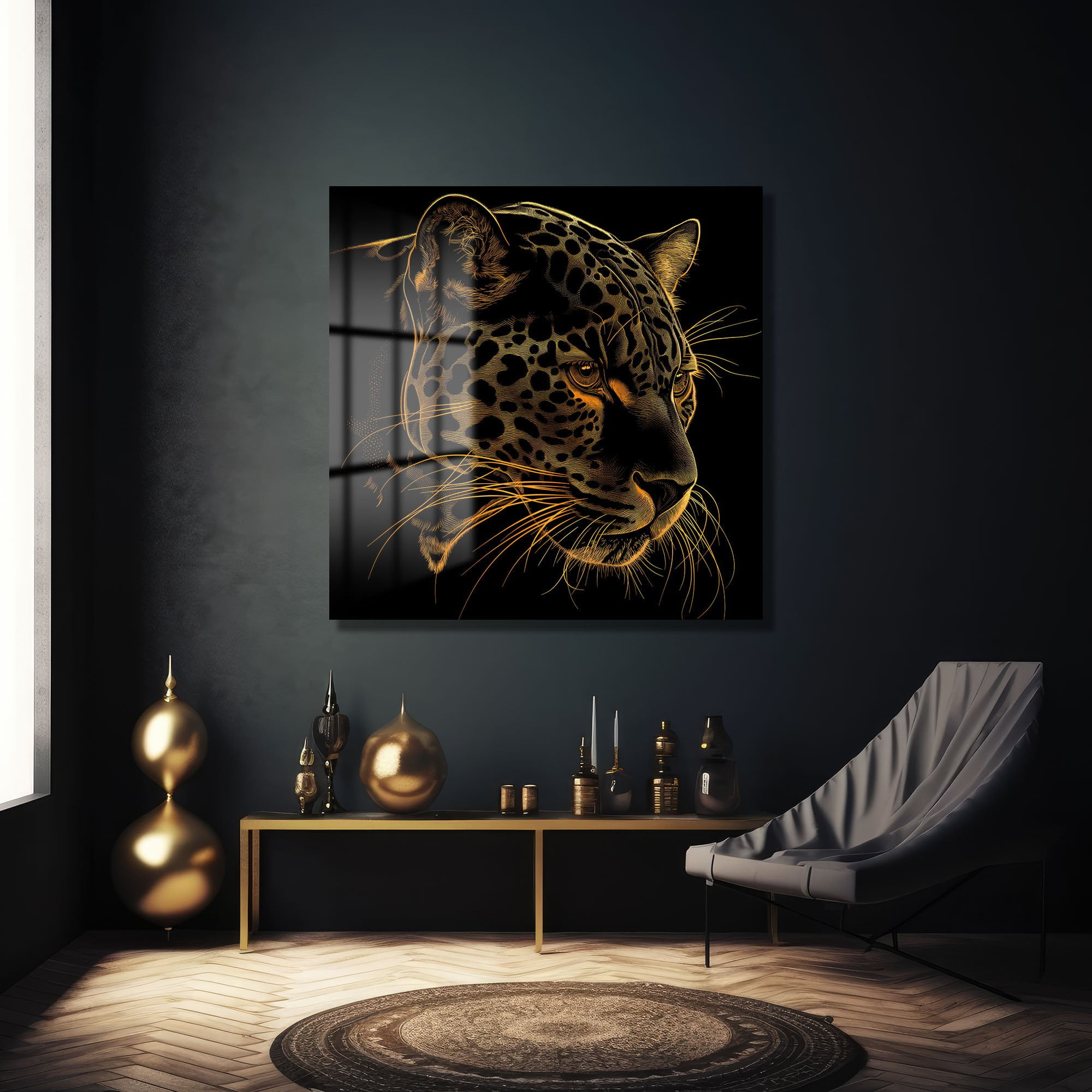 Altın Leopar Gözü: Modern Sanat Temperli Cam Tablo Duvar Dekoru cam tablo, duvar sanatı, modern dekorasyon, soyut sanat, cam sanat eserleri, iç mekan dekorasyonu, ofis dekorasyonu, ev dekorasyonu, restoran dekorasyonu, cafe dekorasyonu, cam baskı, UV baskı, estetik duvar sanatı
