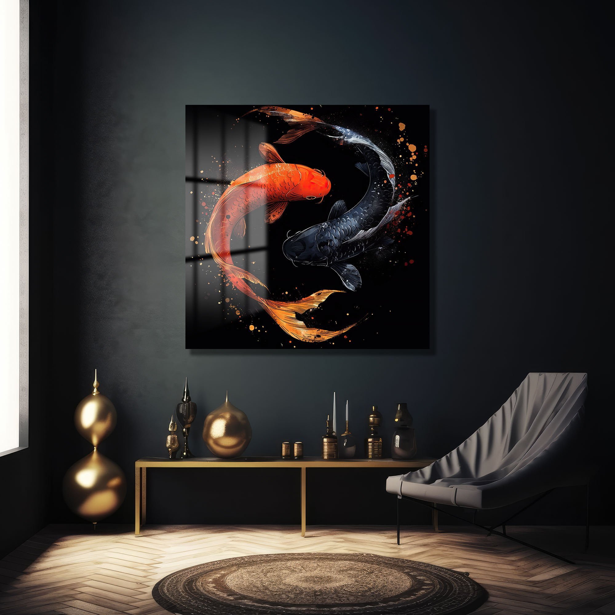 Koi Ahengi: Yin-Yang Temalı Canlı Renklerde Temperli Cam Tablo Duvar Dekoru cam tablo, duvar sanatı, modern dekorasyon, soyut sanat, cam sanat eserleri, iç mekan dekorasyonu, ofis dekorasyonu, ev dekorasyonu, restoran dekorasyonu, cafe dekorasyonu, cam baskı, UV baskı, estetik duvar sanatı