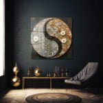 Yin Yang Dengesi: Beyaz Çiçekli Modern Geometrik Cam Tablo Duvar Dekoru cam tablo, duvar sanatı, modern dekorasyon, soyut sanat, cam sanat eserleri, iç mekan dekorasyonu, ofis dekorasyonu, ev dekorasyonu, restoran dekorasyonu, cafe dekorasyonu, cam baskı, UV baskı, estetik duvar sanatı