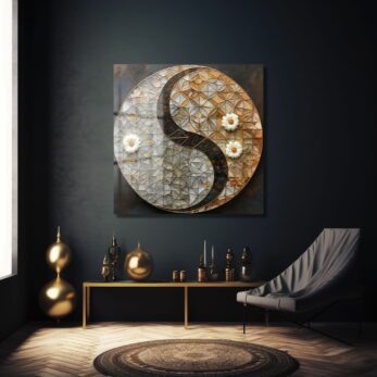 Yin Yang Dengesi: Beyaz Çiçekli Modern Geometrik Cam Tablo - Glazella