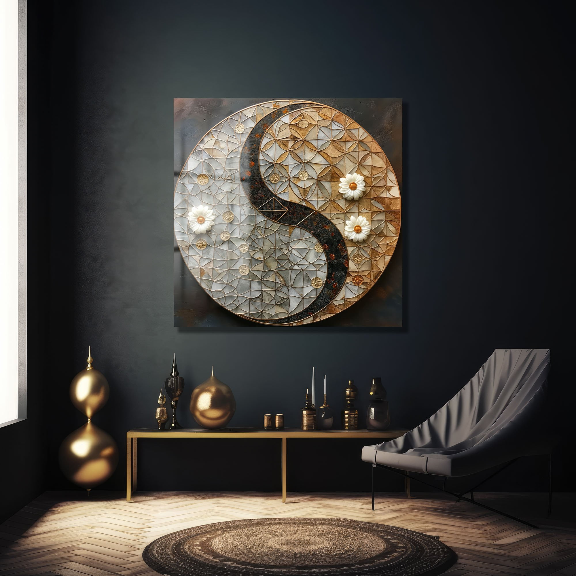 Yin Yang Dengesi: Beyaz Çiçekli Modern Geometrik Cam Tablo Duvar Dekoru cam tablo, duvar sanatı, modern dekorasyon, soyut sanat, cam sanat eserleri, iç mekan dekorasyonu, ofis dekorasyonu, ev dekorasyonu, restoran dekorasyonu, cafe dekorasyonu, cam baskı, UV baskı, estetik duvar sanatı