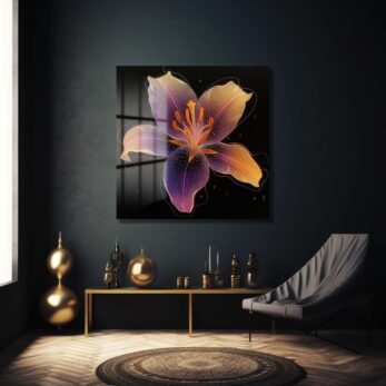 Ethereal Lily: Mor ve Altın Tonlarında Parlayan Modern Cam Tablo - Glazella