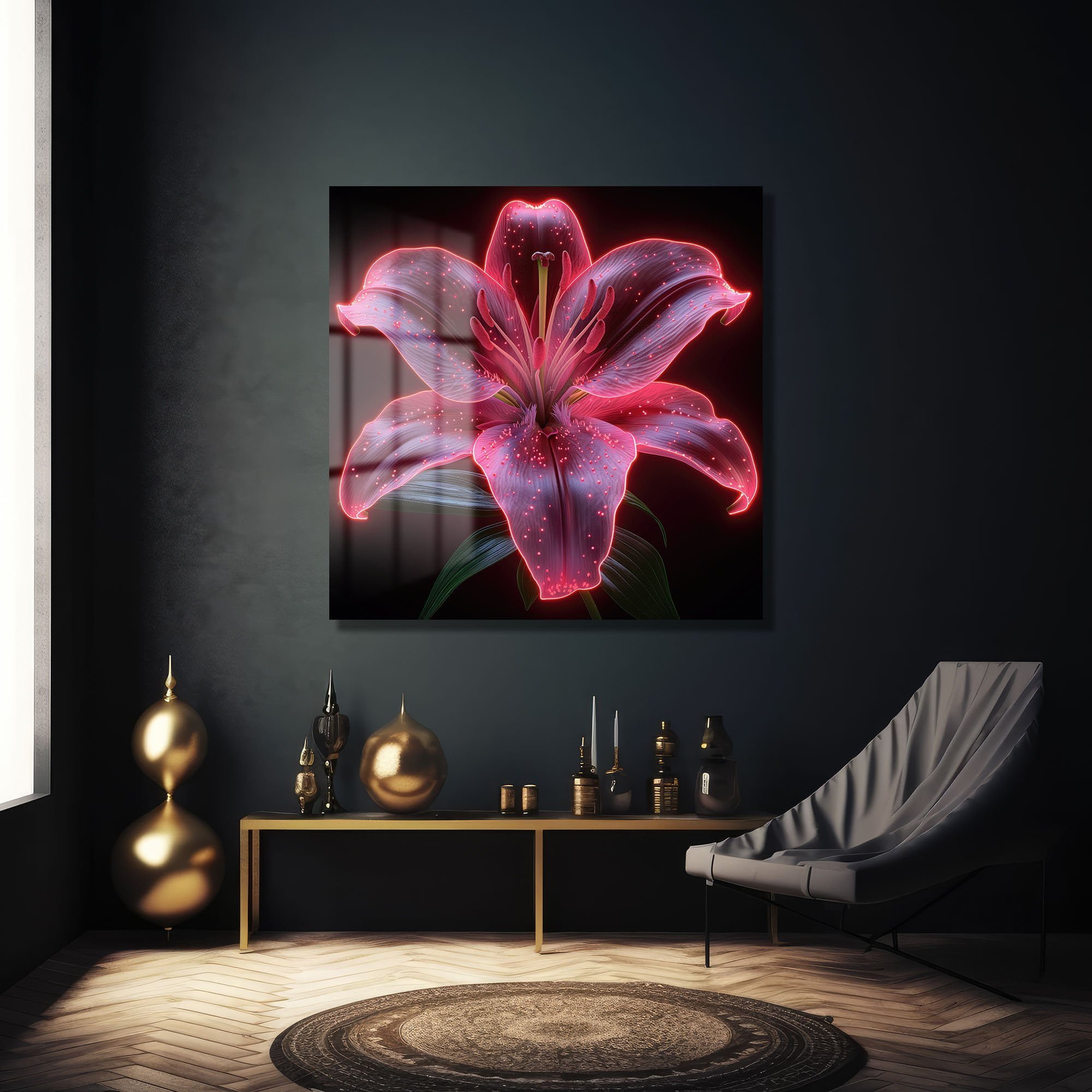 Büyüleyici Neon Zambak: Canlı Renklerde Modern Cam Tablo Duvar Dekoru cam tablo, duvar sanatı, modern dekorasyon, soyut sanat, cam sanat eserleri, iç mekan dekorasyonu, ofis dekorasyonu, ev dekorasyonu, restoran dekorasyonu, cafe dekorasyonu, cam baskı, UV baskı, estetik duvar sanatı