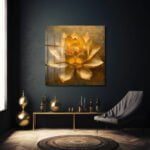 Altın Lotus İhtişamı: Modern Dekoratif Cam Tablo Duvar Dekoru cam tablo, duvar sanatı, modern dekorasyon, soyut sanat, cam sanat eserleri, iç mekan dekorasyonu, ofis dekorasyonu, ev dekorasyonu, restoran dekorasyonu, cafe dekorasyonu, cam baskı, UV baskı, estetik duvar sanatı