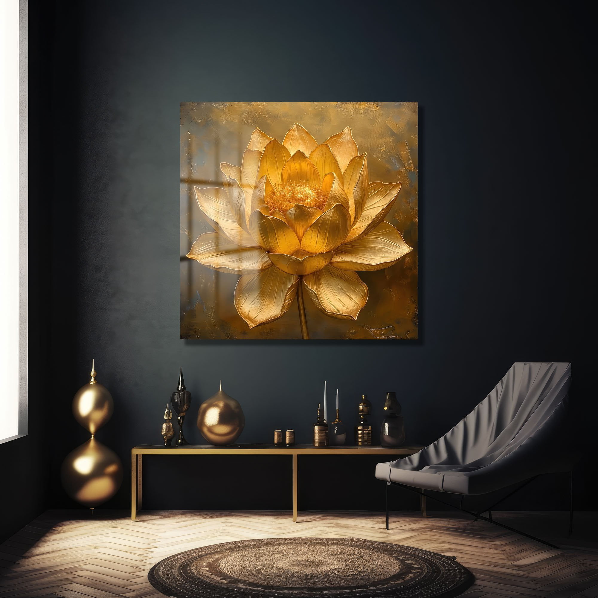 Altın Lotus İhtişamı: Modern Dekoratif Cam Tablo Duvar Dekoru cam tablo, duvar sanatı, modern dekorasyon, soyut sanat, cam sanat eserleri, iç mekan dekorasyonu, ofis dekorasyonu, ev dekorasyonu, restoran dekorasyonu, cafe dekorasyonu, cam baskı, UV baskı, estetik duvar sanatı