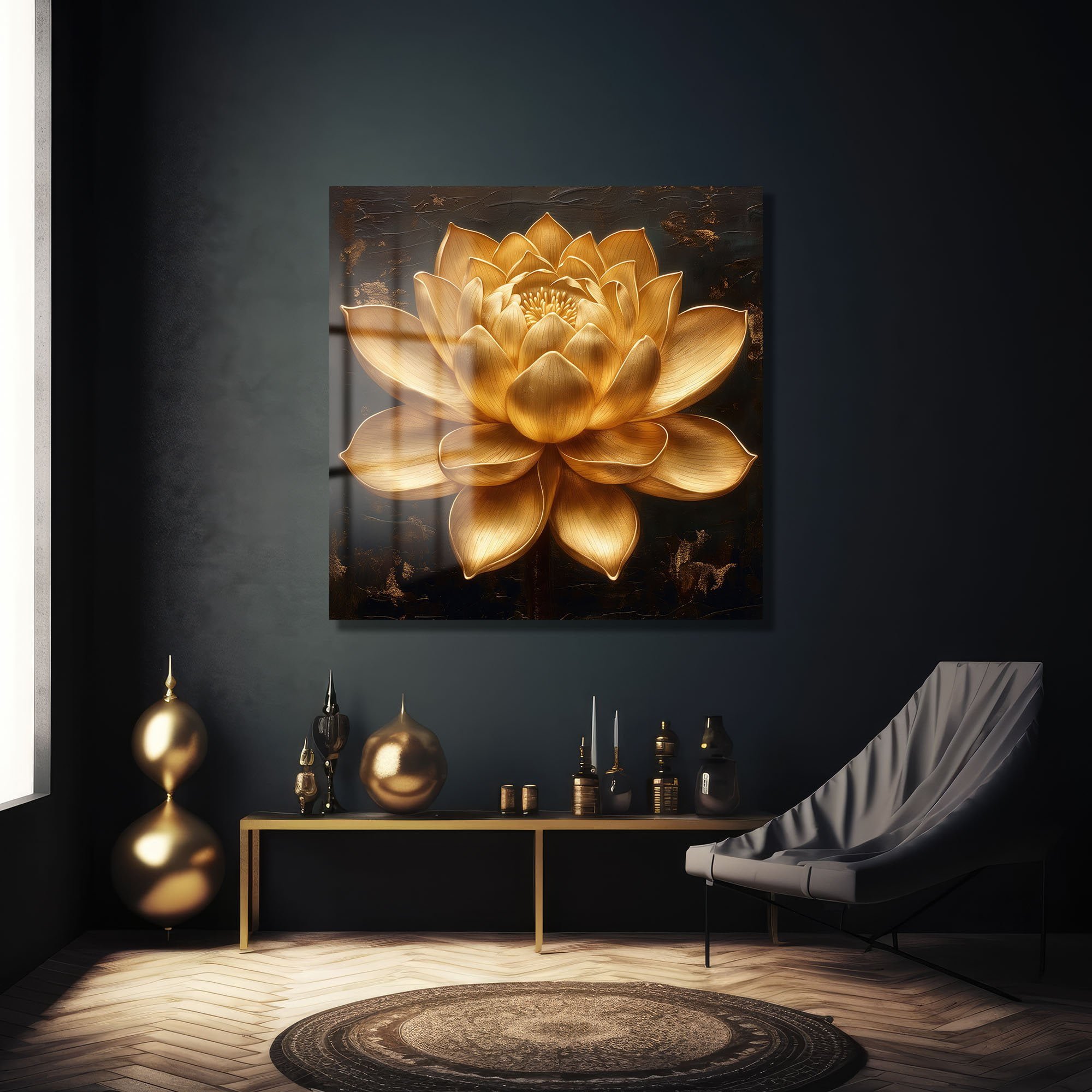 Altın Lotus Zarafeti: Lüks Temperli Cam Tablo | Modern Duvar Dekorasyonu Duvar Dekoru cam tablo, duvar sanatı, modern dekorasyon, soyut sanat, cam sanat eserleri, iç mekan dekorasyonu, ofis dekorasyonu, ev dekorasyonu, restoran dekorasyonu, cafe dekorasyonu, cam baskı, UV baskı, estetik duvar sanatı