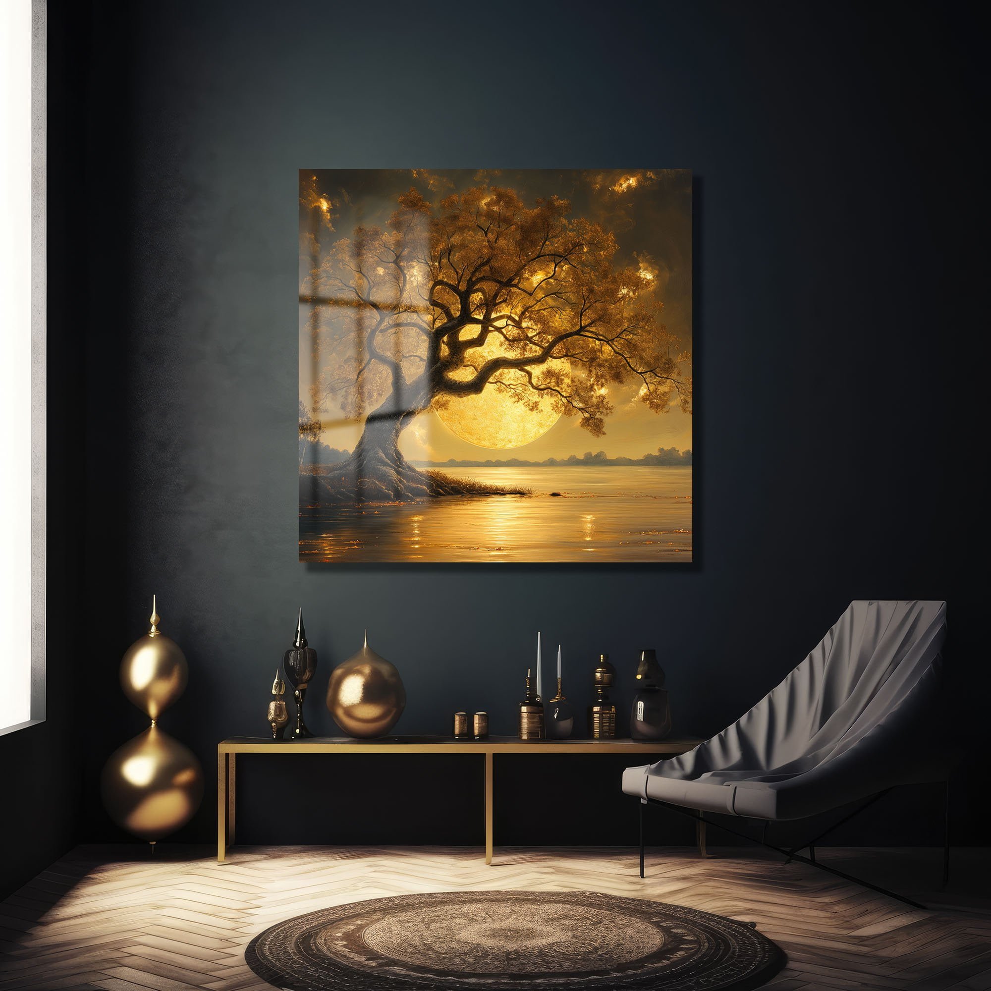 Altın Işıltılı Hayat Ağacı ve Büyüleyici Dolunay Cam Tablo Duvar Dekoru cam tablo, duvar sanatı, modern dekorasyon, soyut sanat, cam sanat eserleri, iç mekan dekorasyonu, ofis dekorasyonu, ev dekorasyonu, restoran dekorasyonu, cafe dekorasyonu, cam baskı, UV baskı, estetik duvar sanatı