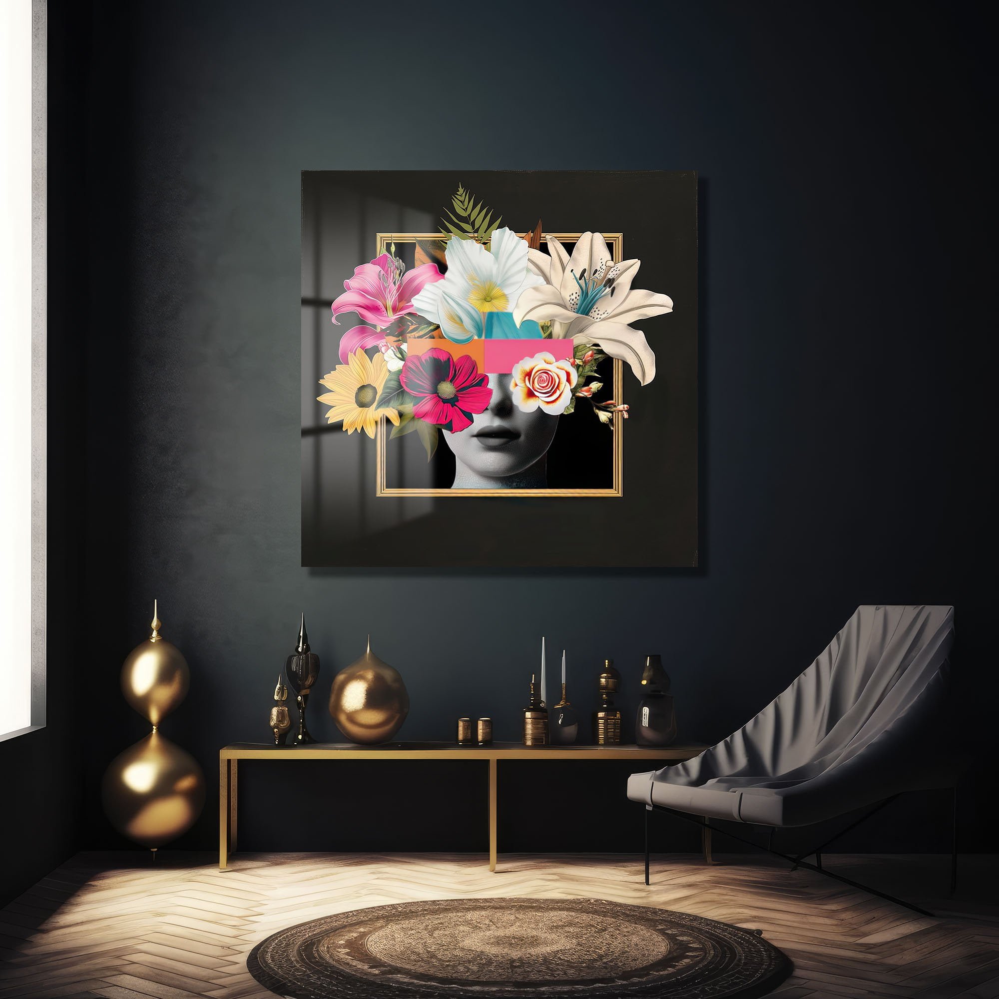 Sürreal Çiçek Yüz: Modern Sanat Temperli Cam Tablo Duvar Dekoru cam tablo, duvar sanatı, modern dekorasyon, soyut sanat, cam sanat eserleri, iç mekan dekorasyonu, ofis dekorasyonu, ev dekorasyonu, restoran dekorasyonu, cafe dekorasyonu, cam baskı, UV baskı, estetik duvar sanatı