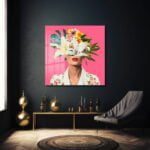 Pembe Fonda Tropik Çiçekler: Modern Kadın Portre Cam Tablo Duvar Dekoru cam tablo, duvar sanatı, modern dekorasyon, soyut sanat, cam sanat eserleri, iç mekan dekorasyonu, ofis dekorasyonu, ev dekorasyonu, restoran dekorasyonu, cafe dekorasyonu, cam baskı, UV baskı, estetik duvar sanatı