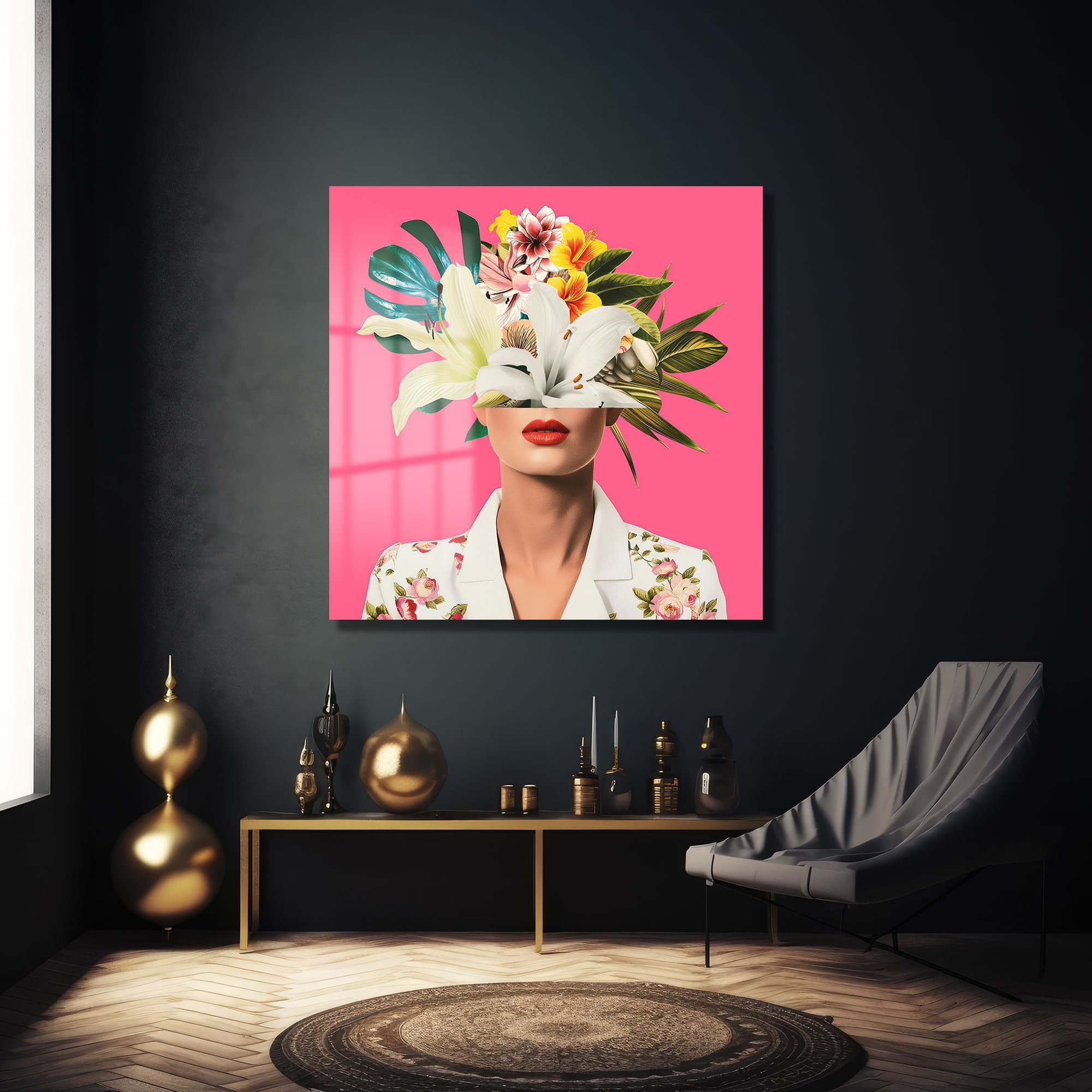 Pembe Fonda Tropik Çiçekler: Modern Kadın Portre Cam Tablo Duvar Dekoru cam tablo, duvar sanatı, modern dekorasyon, soyut sanat, cam sanat eserleri, iç mekan dekorasyonu, ofis dekorasyonu, ev dekorasyonu, restoran dekorasyonu, cafe dekorasyonu, cam baskı, UV baskı, estetik duvar sanatı