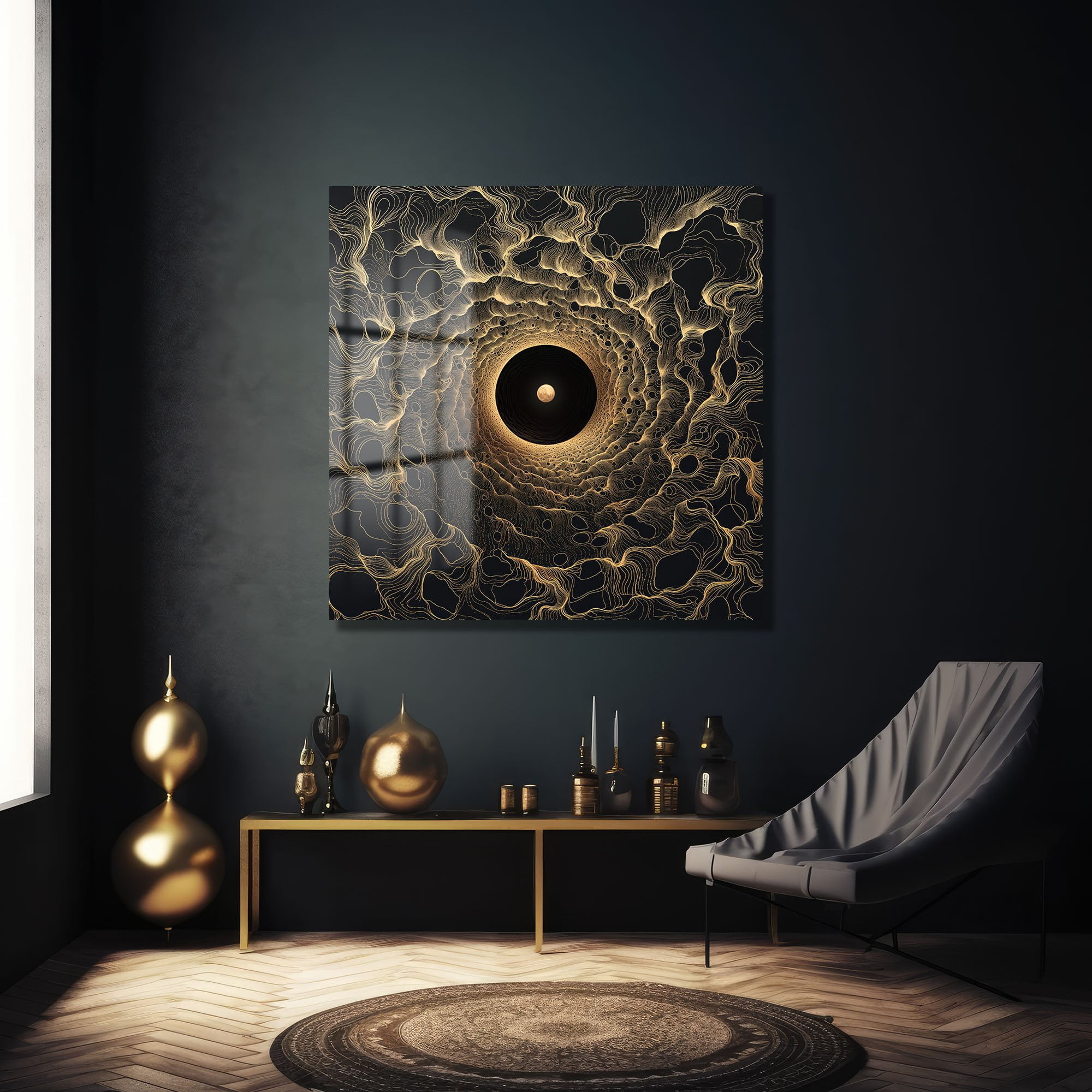 Evrensel Tünel: Altın Dalgalı Modern Cam Tablo Duvar Dekoru cam tablo, duvar sanatı, modern dekorasyon, soyut sanat, cam sanat eserleri, iç mekan dekorasyonu, ofis dekorasyonu, ev dekorasyonu, restoran dekorasyonu, cafe dekorasyonu, cam baskı, UV baskı, estetik duvar sanatı