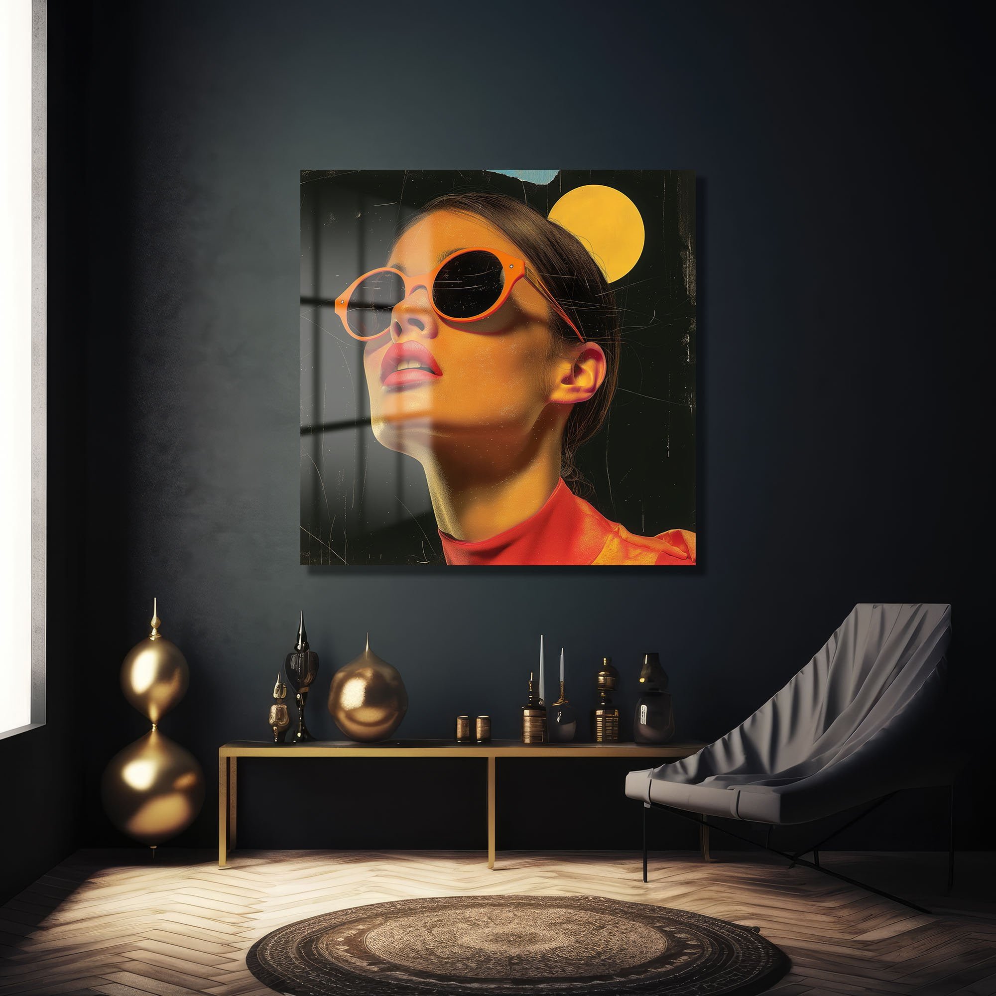 Neon Rüyalar: Turuncu Güneş Gözlüklü Modern Kadın Portresi Cam Tablo Duvar Dekoru cam tablo, duvar sanatı, modern dekorasyon, soyut sanat, cam sanat eserleri, iç mekan dekorasyonu, ofis dekorasyonu, ev dekorasyonu, restoran dekorasyonu, cafe dekorasyonu, cam baskı, UV baskı, estetik duvar sanatı