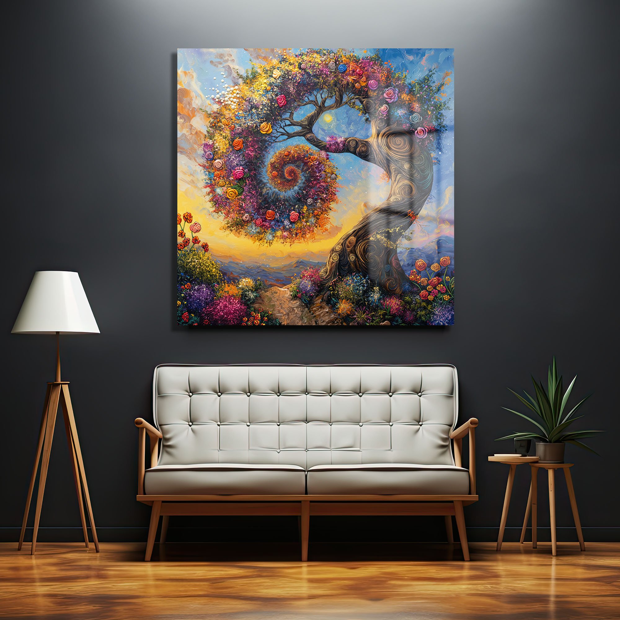 Hayat Ağacı: Renkli Çiçek Spiral Desenli Modern Cam Tablo Duvar Dekoru cam tablo, duvar sanatı, modern dekorasyon, soyut sanat, cam sanat eserleri, iç mekan dekorasyonu, ofis dekorasyonu, ev dekorasyonu, restoran dekorasyonu, cafe dekorasyonu, cam baskı, UV baskı, estetik duvar sanatı