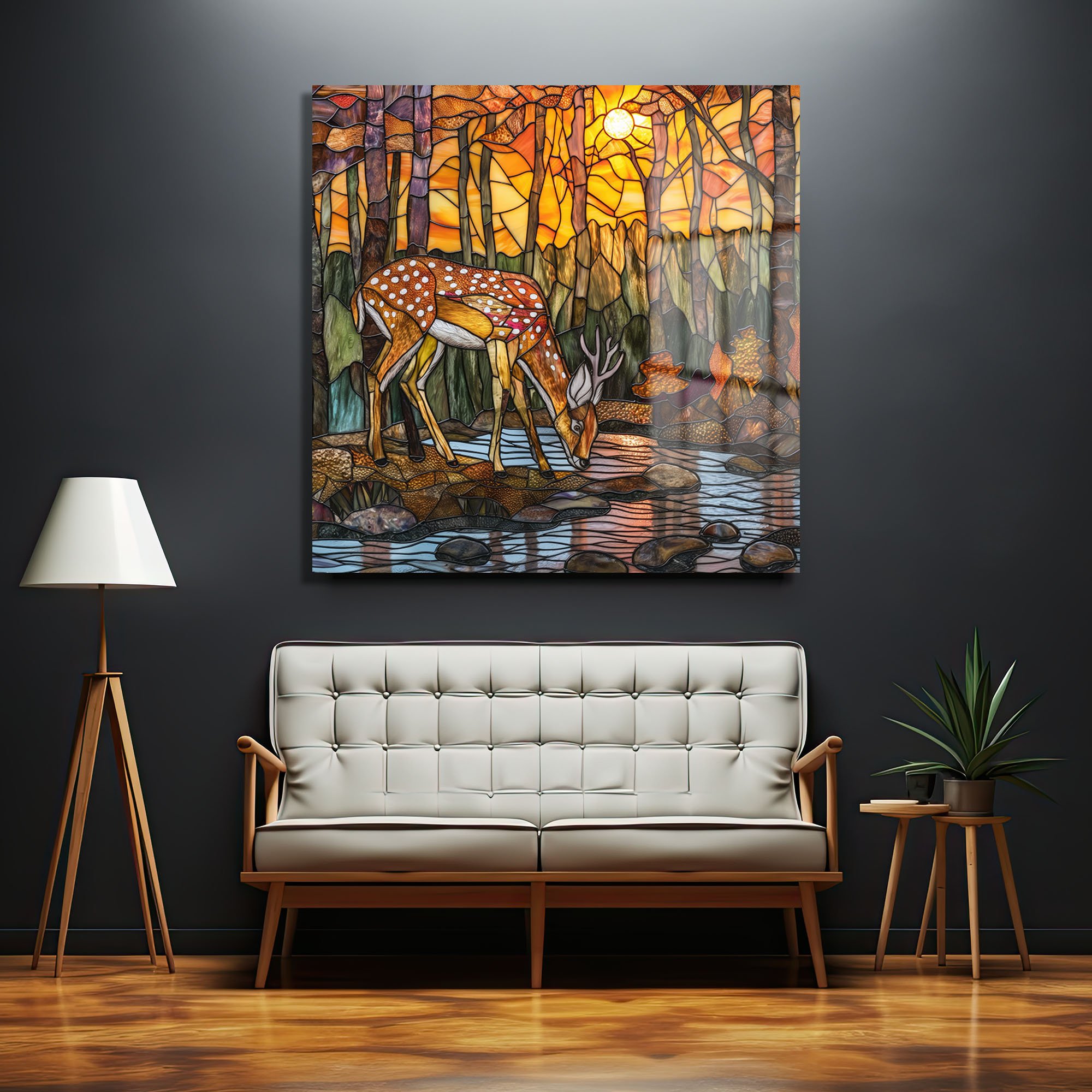 Alacakaranlık Huzuru: Geyikli Tiffany Vitray Cam Tablo Duvar Dekoru cam tablo, duvar sanatı, modern dekorasyon, soyut sanat, cam sanat eserleri, iç mekan dekorasyonu, ofis dekorasyonu, ev dekorasyonu, restoran dekorasyonu, cafe dekorasyonu, cam baskı, UV baskı, estetik duvar sanatı