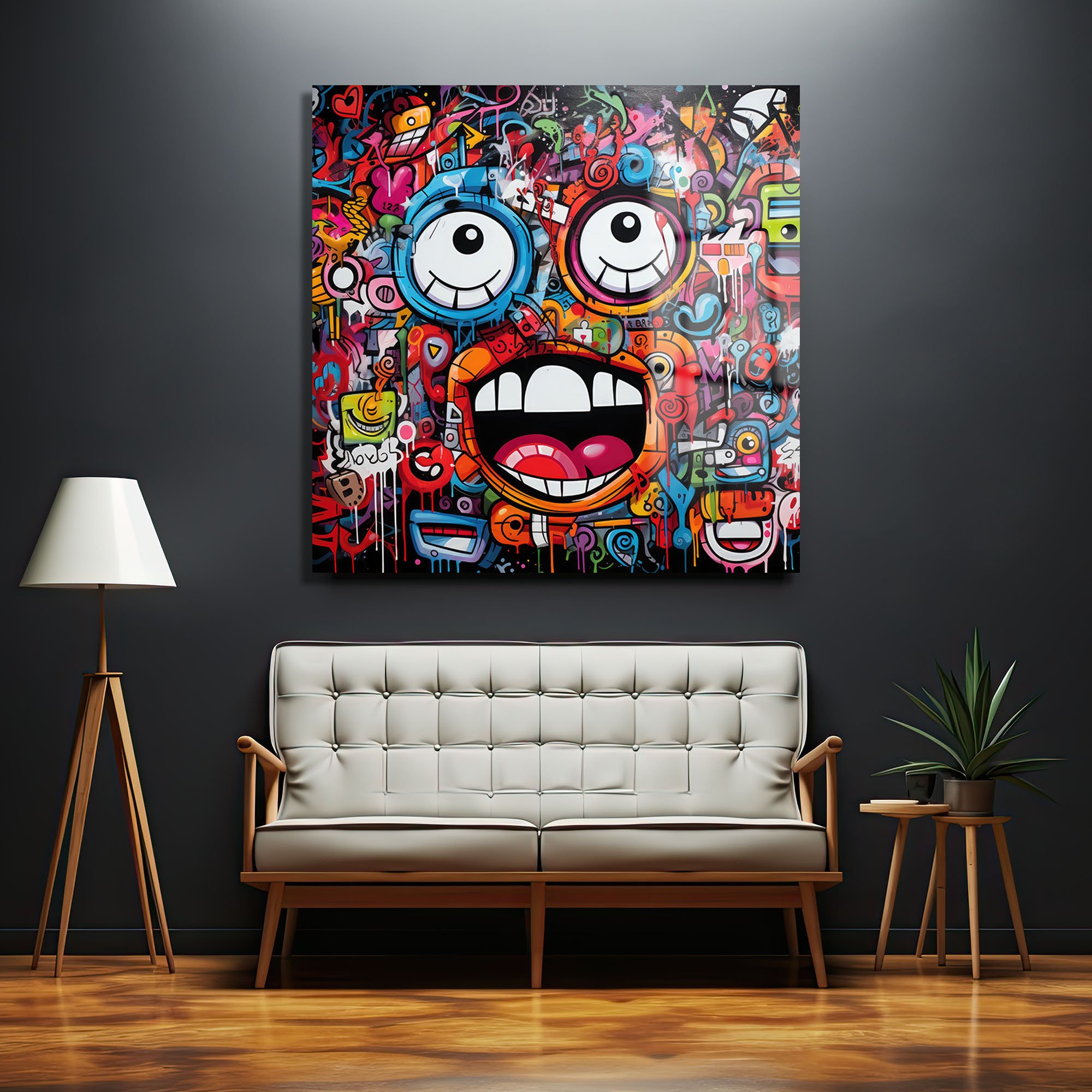Enerjik Graffiti Yüzler: Renkli Sokak Sanatı Temperli Cam Tablo Duvar Dekoru cam tablo, duvar sanatı, modern dekorasyon, soyut sanat, cam sanat eserleri, iç mekan dekorasyonu, ofis dekorasyonu, ev dekorasyonu, restoran dekorasyonu, cafe dekorasyonu, cam baskı, UV baskı, estetik duvar sanatı