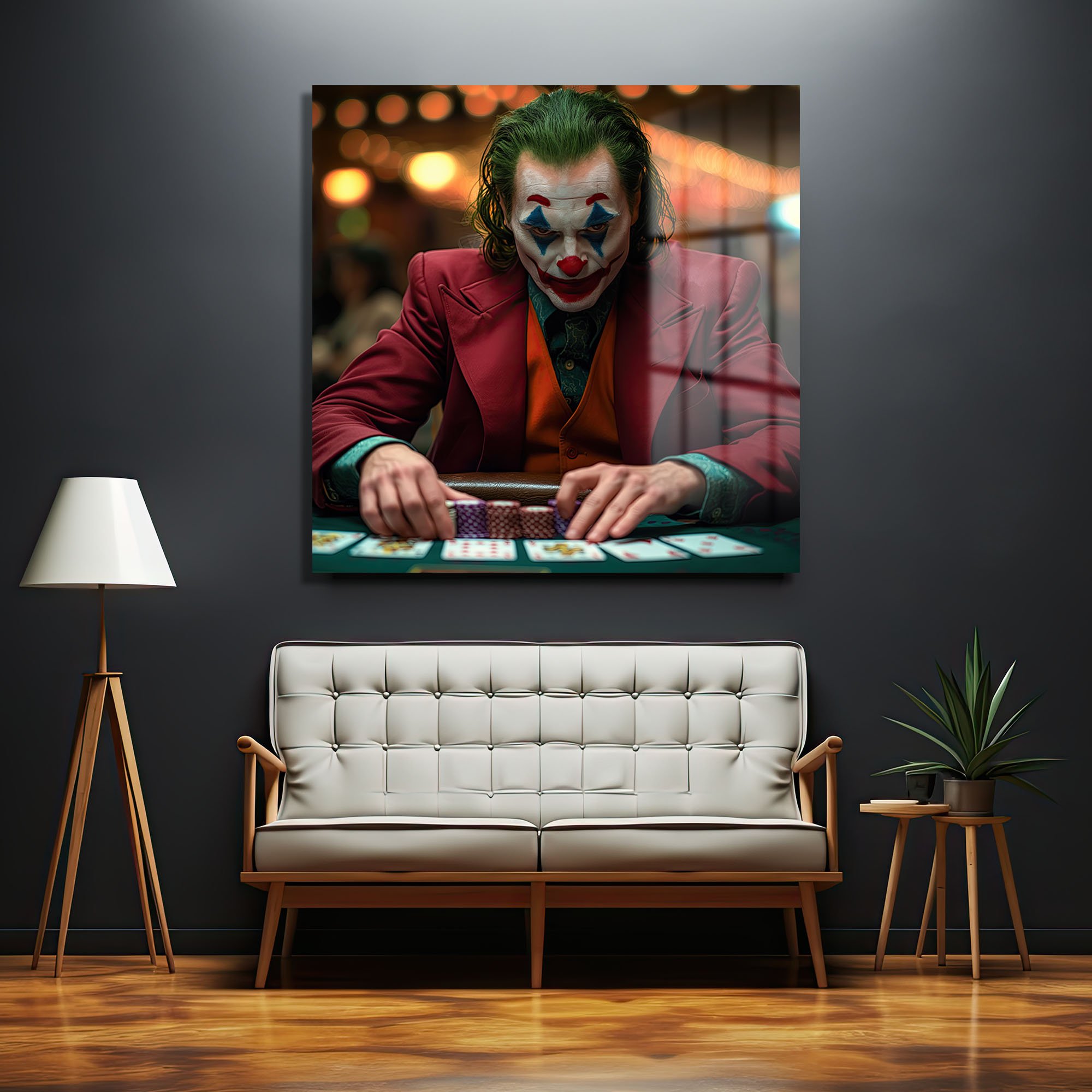 Joker Poker Yüzleşmesi: Gerilimli Sinematik Cam Tablo Duvar Dekoru cam tablo, duvar sanatı, modern dekorasyon, soyut sanat, cam sanat eserleri, iç mekan dekorasyonu, ofis dekorasyonu, ev dekorasyonu, restoran dekorasyonu, cafe dekorasyonu, cam baskı, UV baskı, estetik duvar sanatı