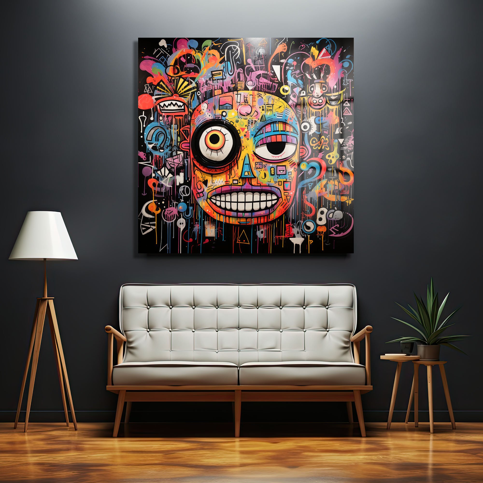 Enerjik Kaos: Canlı Graffiti Yüz Cam Tablo Duvar Dekoru cam tablo, duvar sanatı, modern dekorasyon, soyut sanat, cam sanat eserleri, iç mekan dekorasyonu, ofis dekorasyonu, ev dekorasyonu, restoran dekorasyonu, cafe dekorasyonu, cam baskı, UV baskı, estetik duvar sanatı