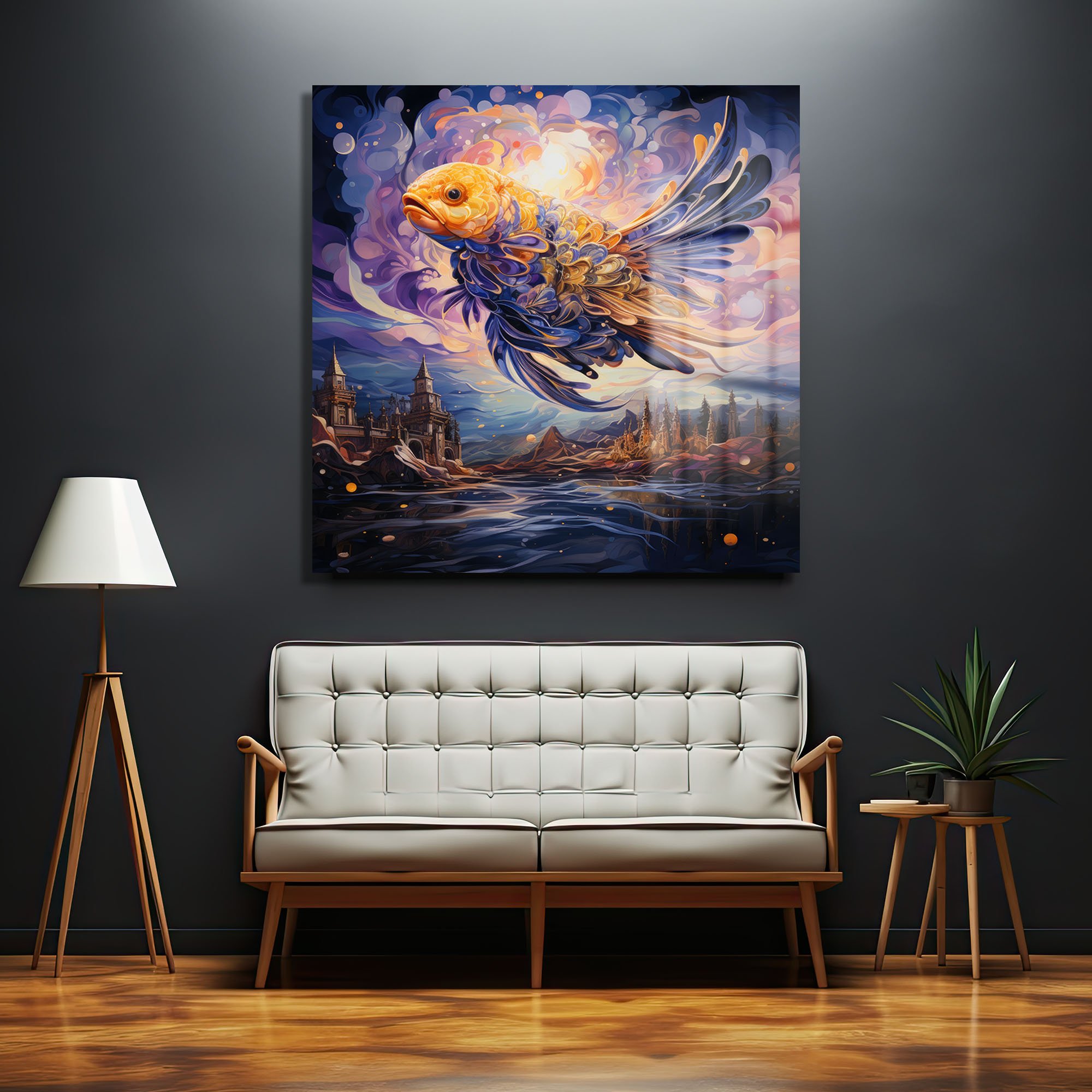 Fantastik Altın Balık: Rüyaların Süzüldüğü Modern Cam Tablo Duvar Dekoru cam tablo, duvar sanatı, modern dekorasyon, soyut sanat, cam sanat eserleri, iç mekan dekorasyonu, ofis dekorasyonu, ev dekorasyonu, restoran dekorasyonu, cafe dekorasyonu, cam baskı, UV baskı, estetik duvar sanatı