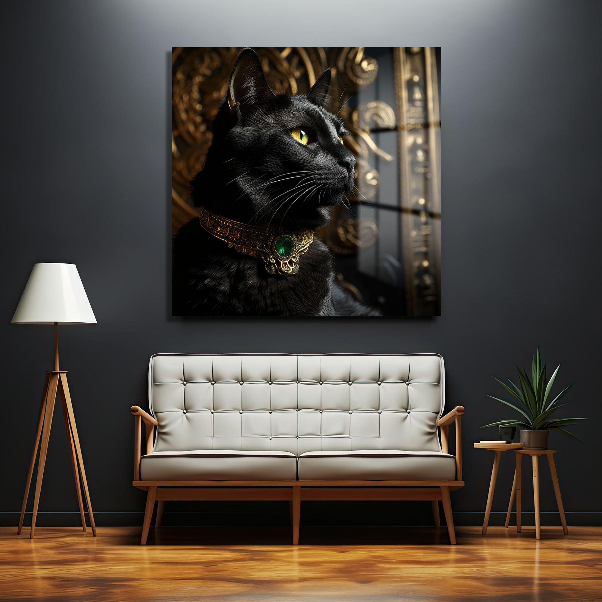 Asil Kedi Portresi: Zümrüt Yakalı Siyah Kedi Cam Tablo Duvar Dekoru cam tablo, duvar sanatı, modern dekorasyon, soyut sanat, cam sanat eserleri, iç mekan dekorasyonu, ofis dekorasyonu, ev dekorasyonu, restoran dekorasyonu, cafe dekorasyonu, cam baskı, UV baskı, estetik duvar sanatı