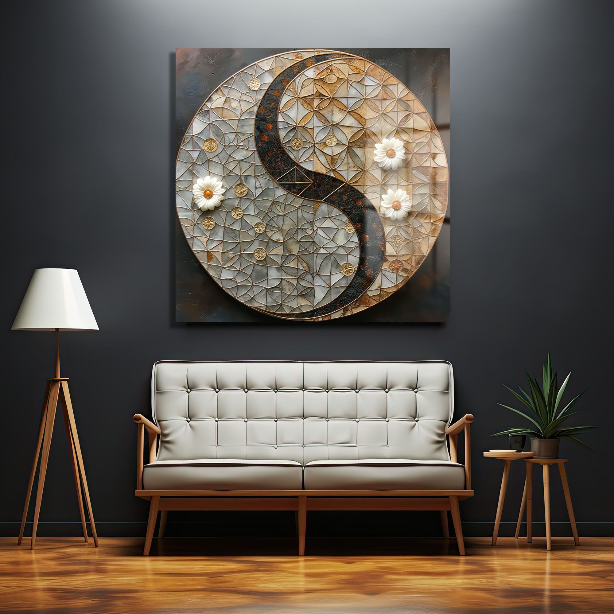 Yin Yang Dengesi: Beyaz Çiçekli Modern Geometrik Cam Tablo Duvar Dekoru cam tablo, duvar sanatı, modern dekorasyon, soyut sanat, cam sanat eserleri, iç mekan dekorasyonu, ofis dekorasyonu, ev dekorasyonu, restoran dekorasyonu, cafe dekorasyonu, cam baskı, UV baskı, estetik duvar sanatı