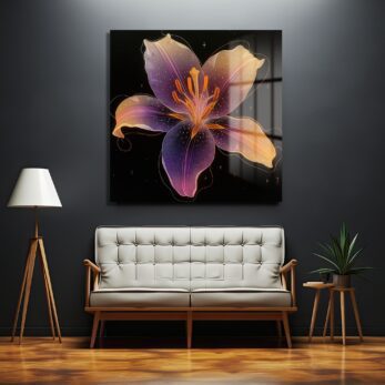 Ethereal Lily: Mor ve Altın Tonlarında Parlayan Modern Cam Tablo - Glazella