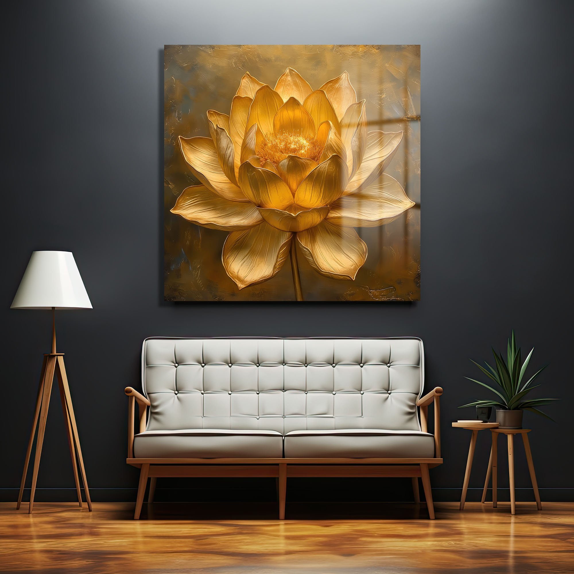 Altın Lotus İhtişamı: Modern Dekoratif Cam Tablo Duvar Dekoru cam tablo, duvar sanatı, modern dekorasyon, soyut sanat, cam sanat eserleri, iç mekan dekorasyonu, ofis dekorasyonu, ev dekorasyonu, restoran dekorasyonu, cafe dekorasyonu, cam baskı, UV baskı, estetik duvar sanatı