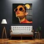 Neon Rüyalar: Turuncu Güneş Gözlüklü Modern Kadın Portresi Cam Tablo Duvar Dekoru cam tablo, duvar sanatı, modern dekorasyon, soyut sanat, cam sanat eserleri, iç mekan dekorasyonu, ofis dekorasyonu, ev dekorasyonu, restoran dekorasyonu, cafe dekorasyonu, cam baskı, UV baskı, estetik duvar sanatı