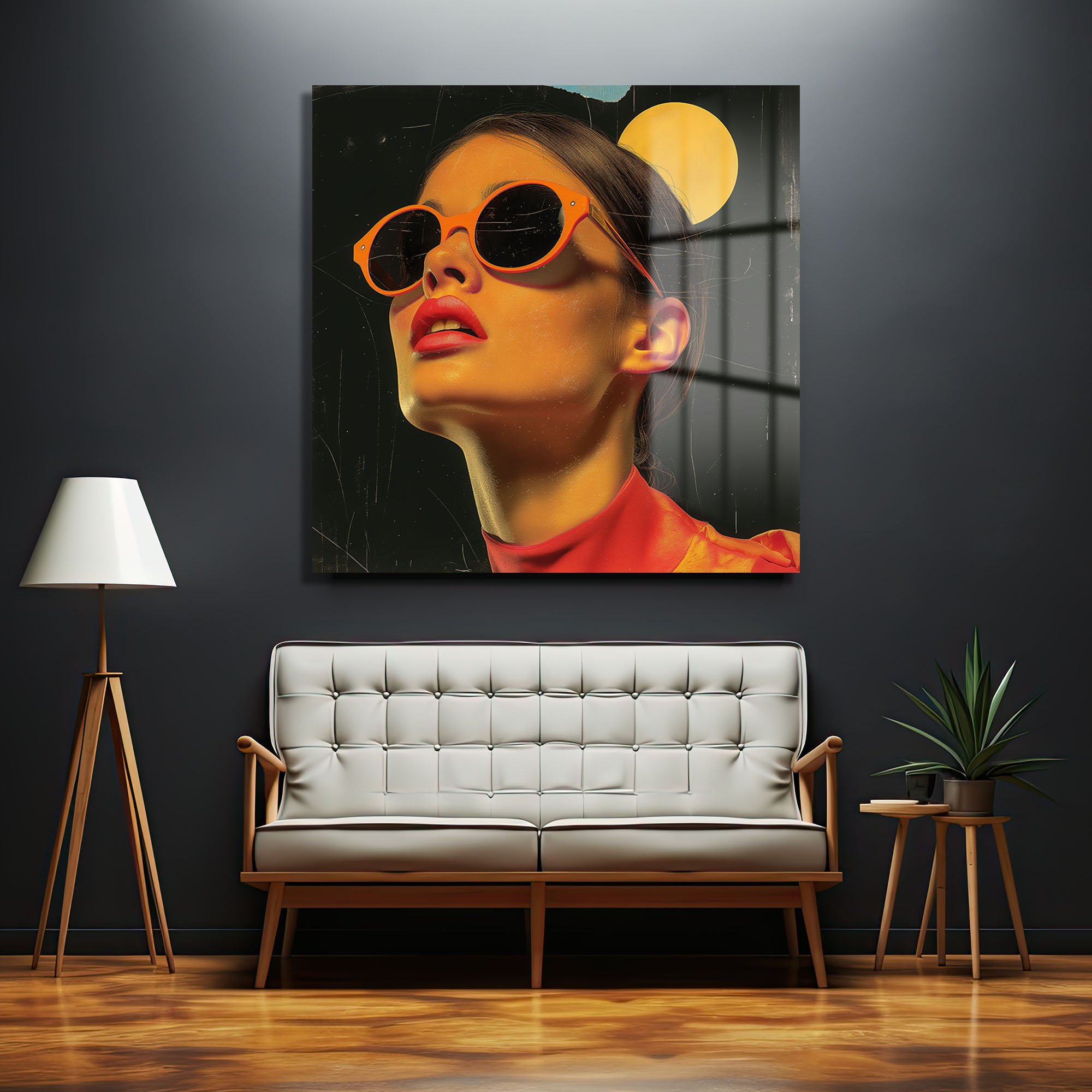 Neon Rüyalar: Turuncu Güneş Gözlüklü Modern Kadın Portresi Cam Tablo Duvar Dekoru cam tablo, duvar sanatı, modern dekorasyon, soyut sanat, cam sanat eserleri, iç mekan dekorasyonu, ofis dekorasyonu, ev dekorasyonu, restoran dekorasyonu, cafe dekorasyonu, cam baskı, UV baskı, estetik duvar sanatı