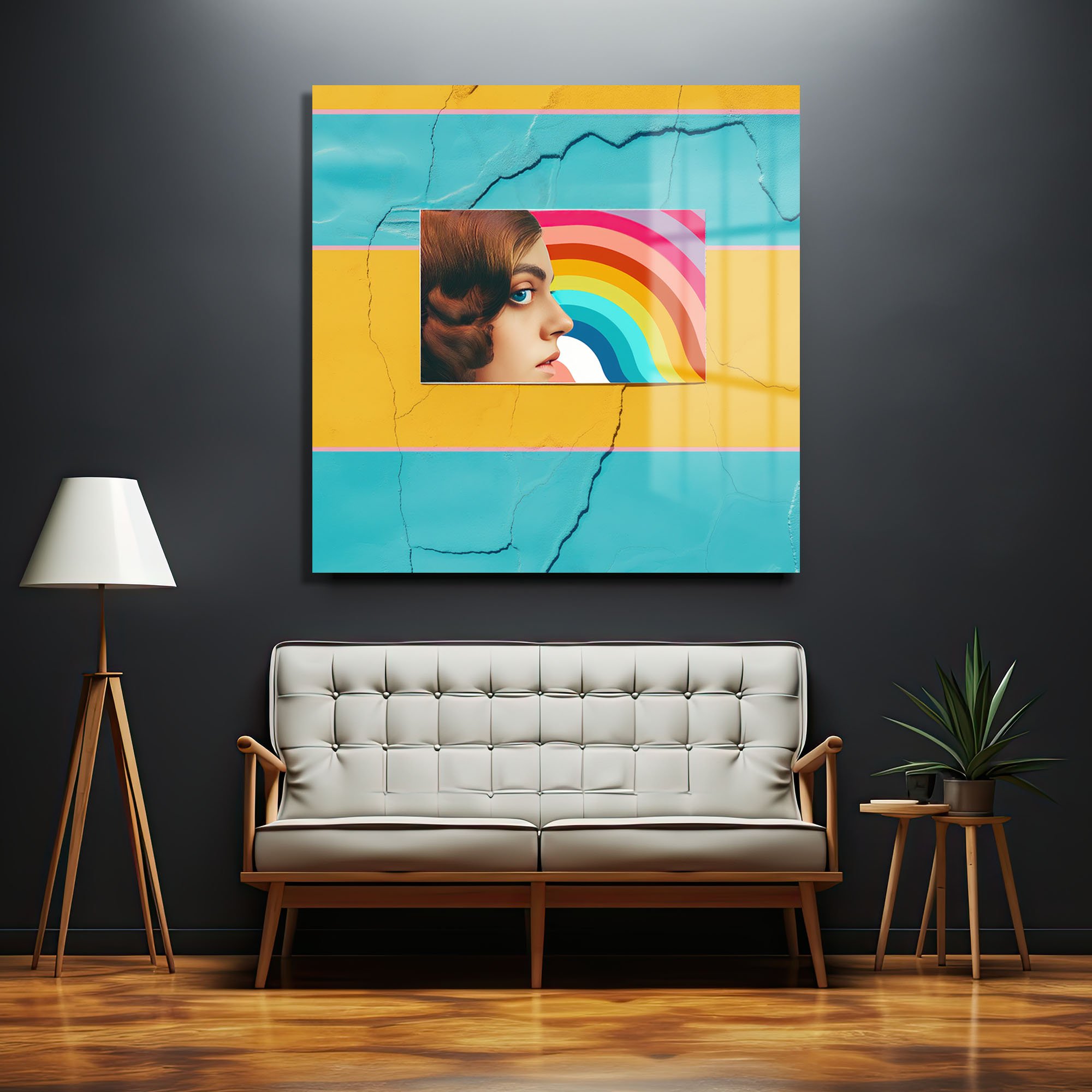Pop Art Rüyası: Gökkuşağı ve Kadın Profili Modern Cam Tablo Duvar Dekoru cam tablo, duvar sanatı, modern dekorasyon, soyut sanat, cam sanat eserleri, iç mekan dekorasyonu, ofis dekorasyonu, ev dekorasyonu, restoran dekorasyonu, cafe dekorasyonu, cam baskı, UV baskı, estetik duvar sanatı